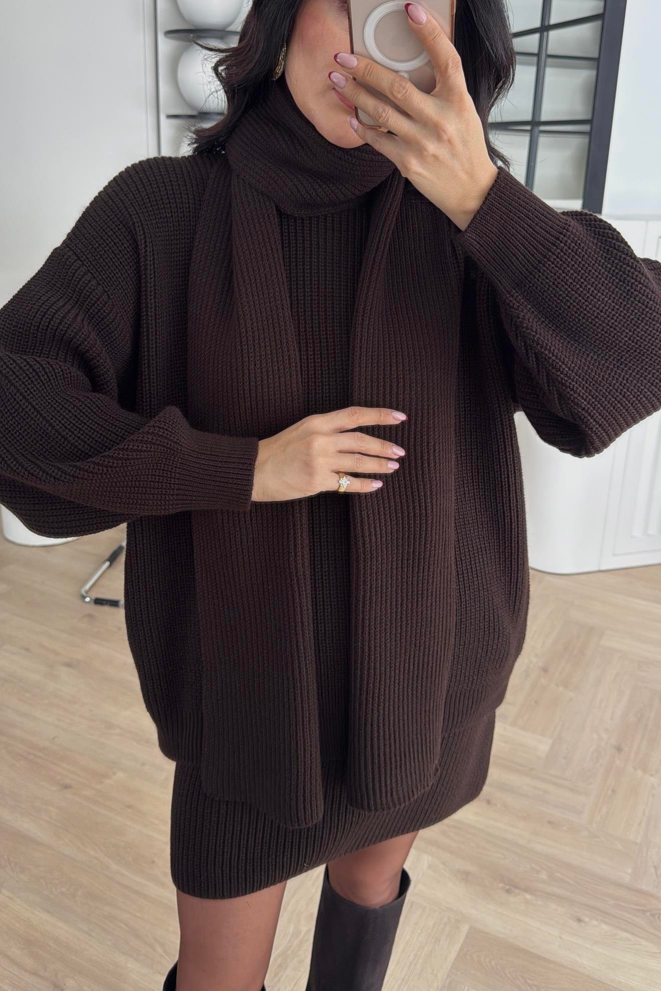 ŞAL DETAYLI TRİKO TAKIM KAHVE 