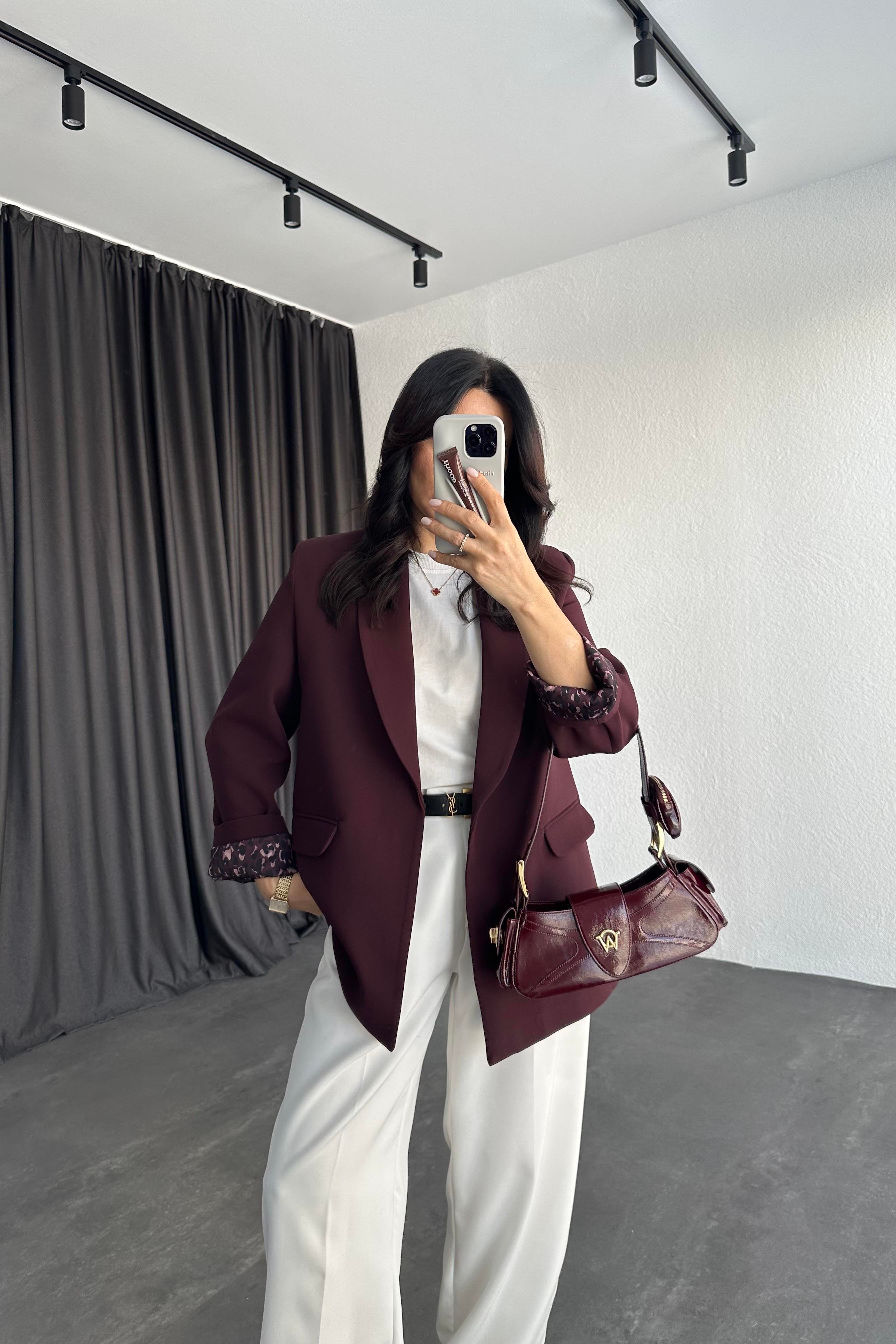 Şal Yaka Leopar Astarlı Ceket Mürdüm 