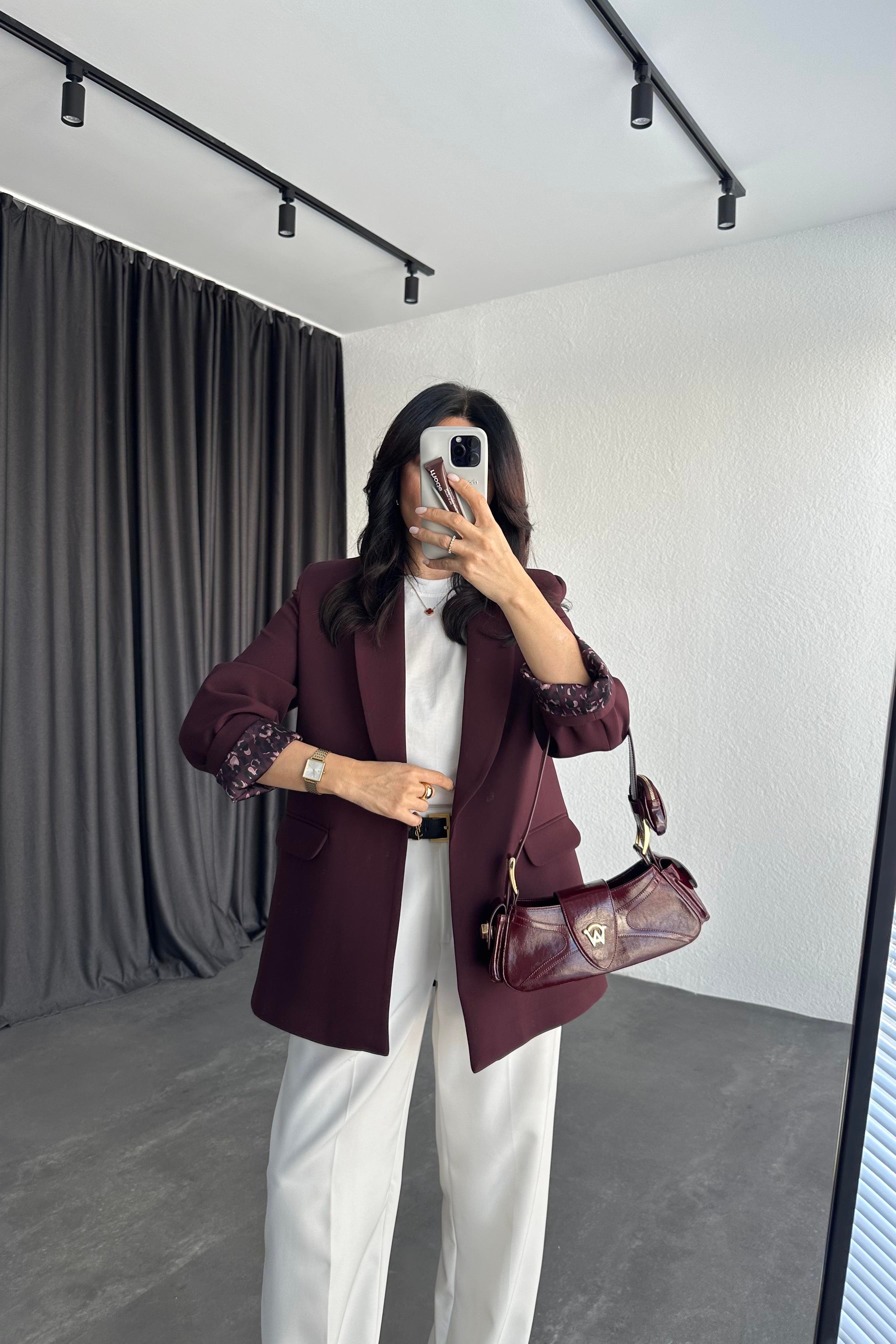 Şal Yaka Leopar Astarlı Ceket Mürdüm 