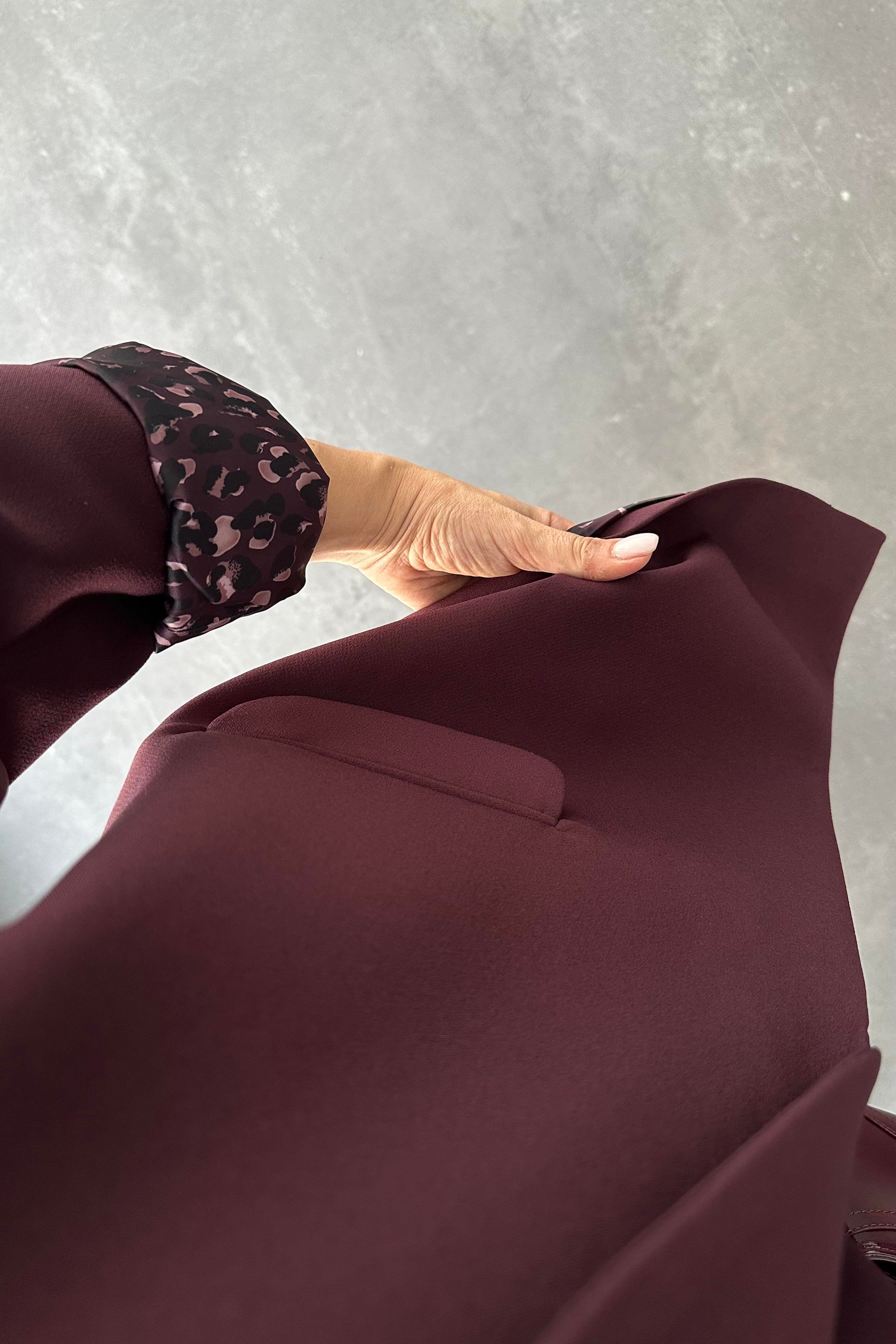 Şal Yaka Leopar Astarlı Ceket Mürdüm 