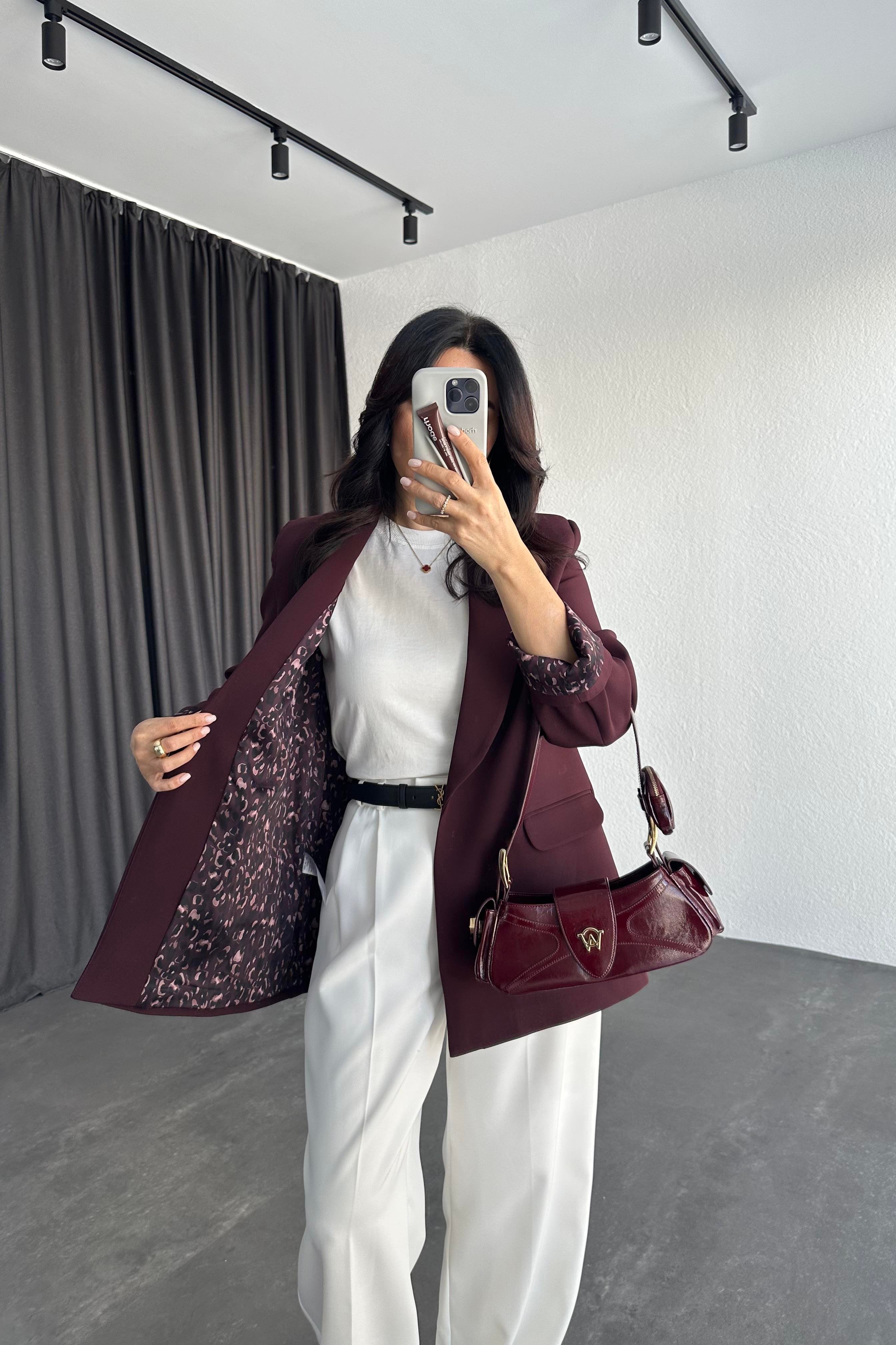 Şal Yaka Leopar Astarlı Ceket Mürdüm 