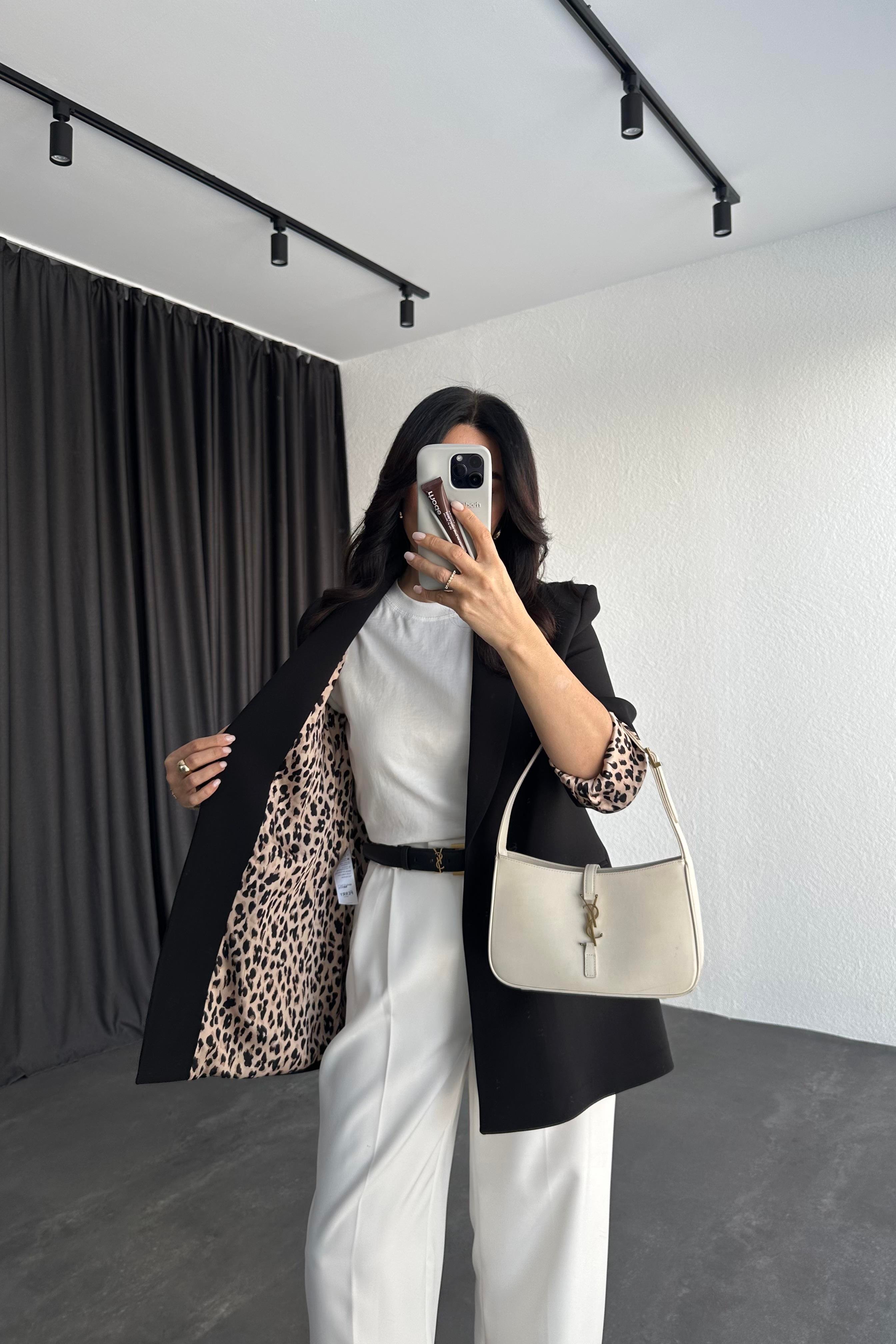 Şal Yaka Leopar Astarlı Ceket Siyah 