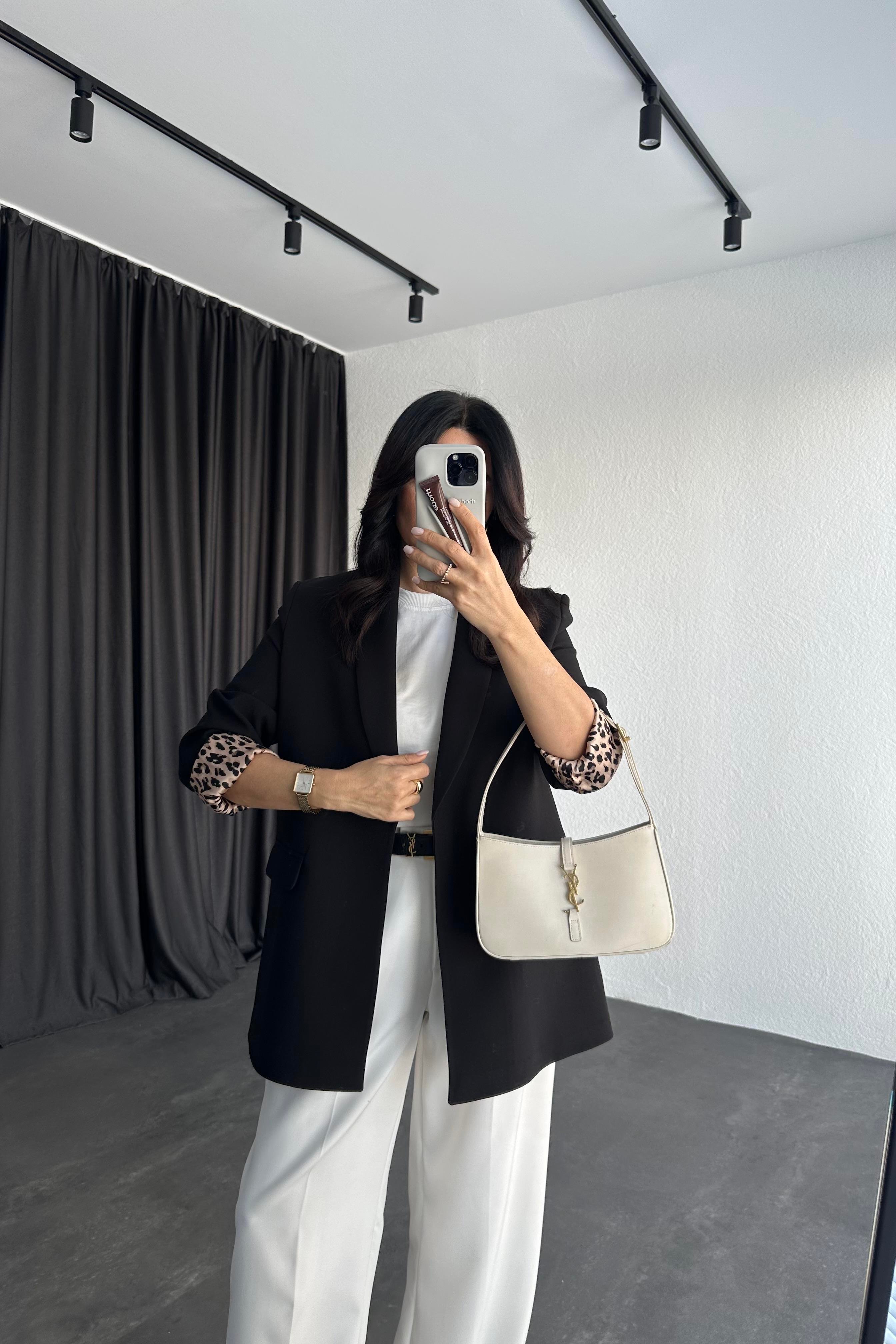 Şal Yaka Leopar Astarlı Ceket Siyah 