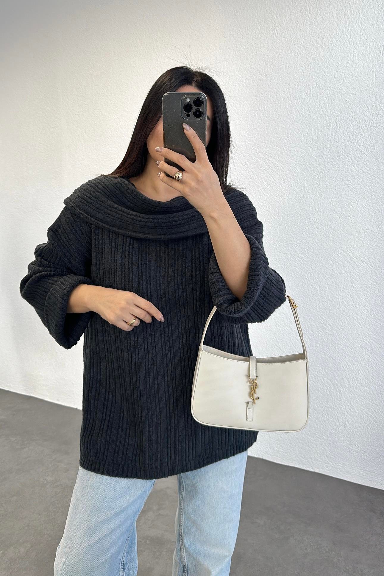 Şal Yaka Tunik Boy Oversize Triko Antrasit 