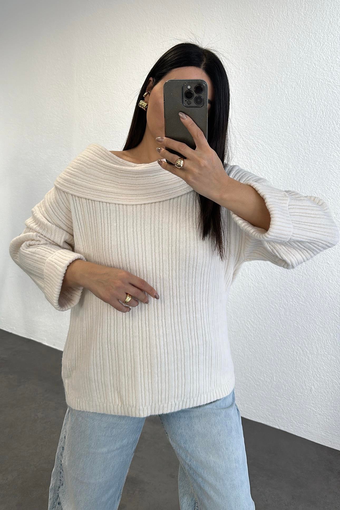 Şal Yaka Tunik Boy Oversize Triko Ekru