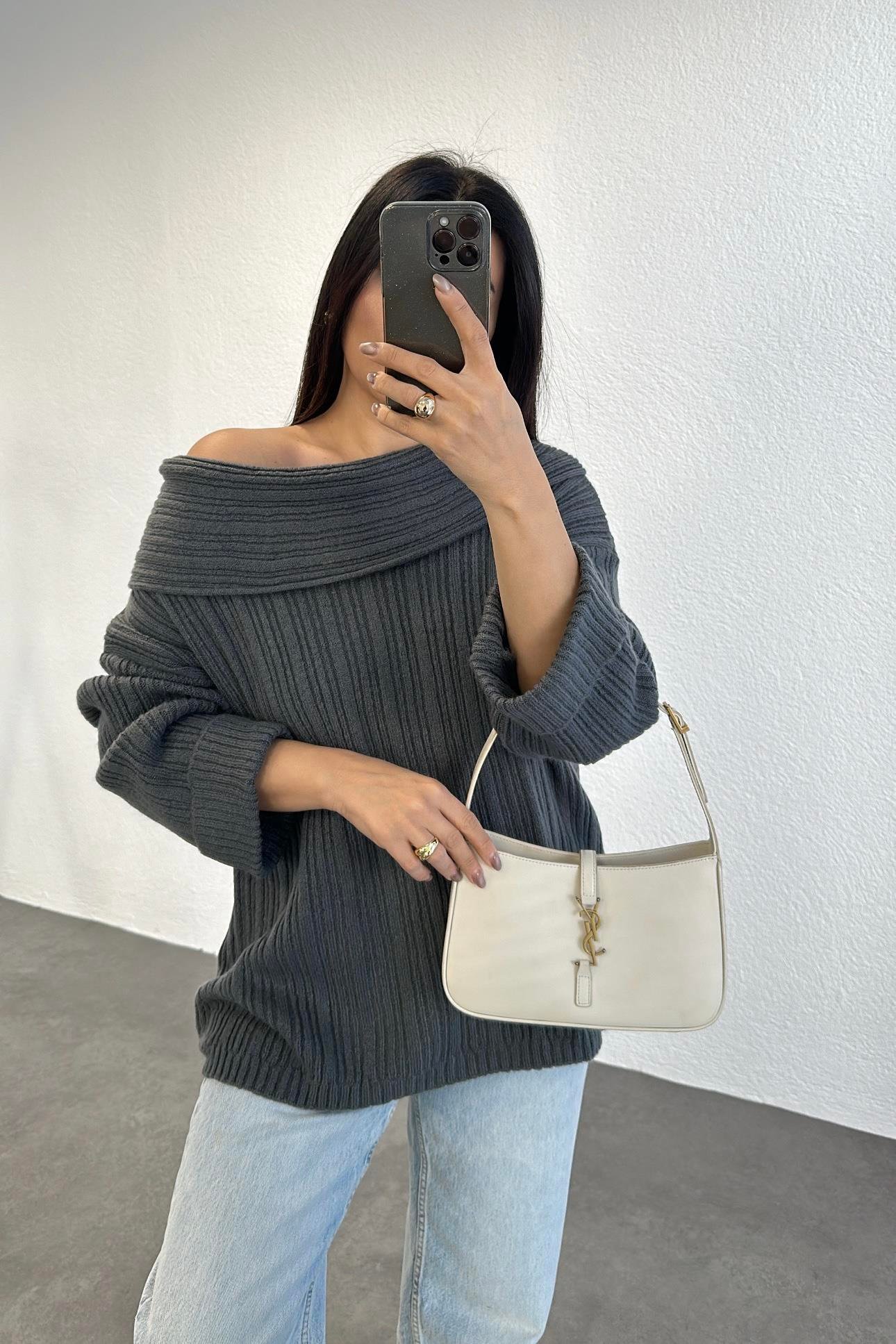 Şal Yaka Tunik Boy Oversize Triko Gri