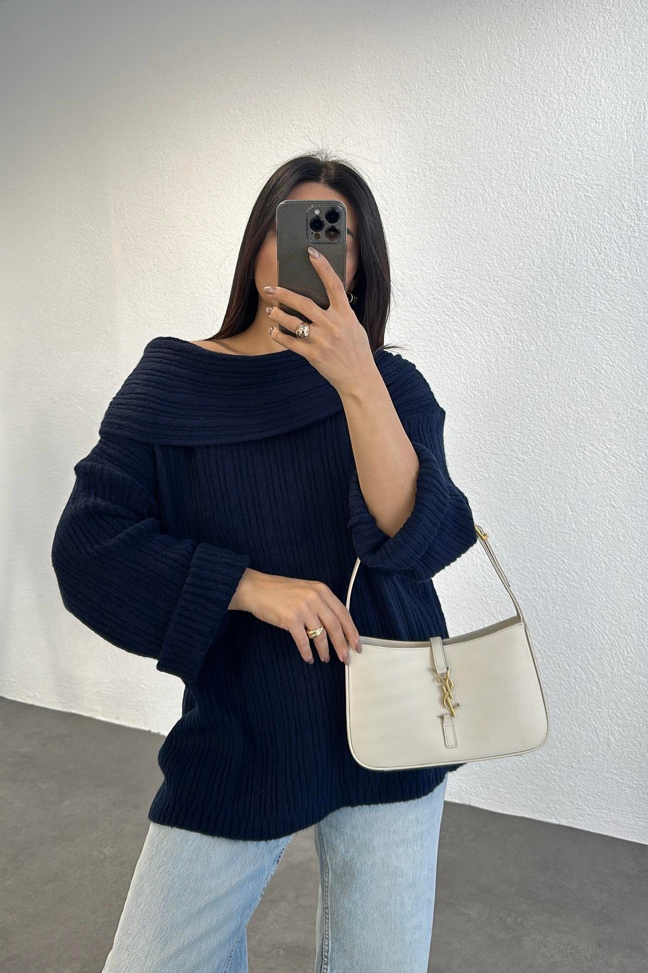 Şal Yaka Tunik Boy Oversize Triko Laci