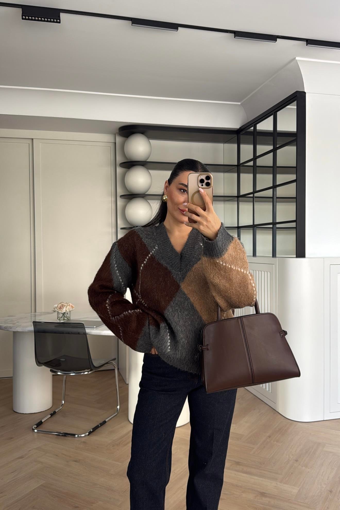 ŞARDONLU DOKULU BAKLAVA DESENLİ KAZAK