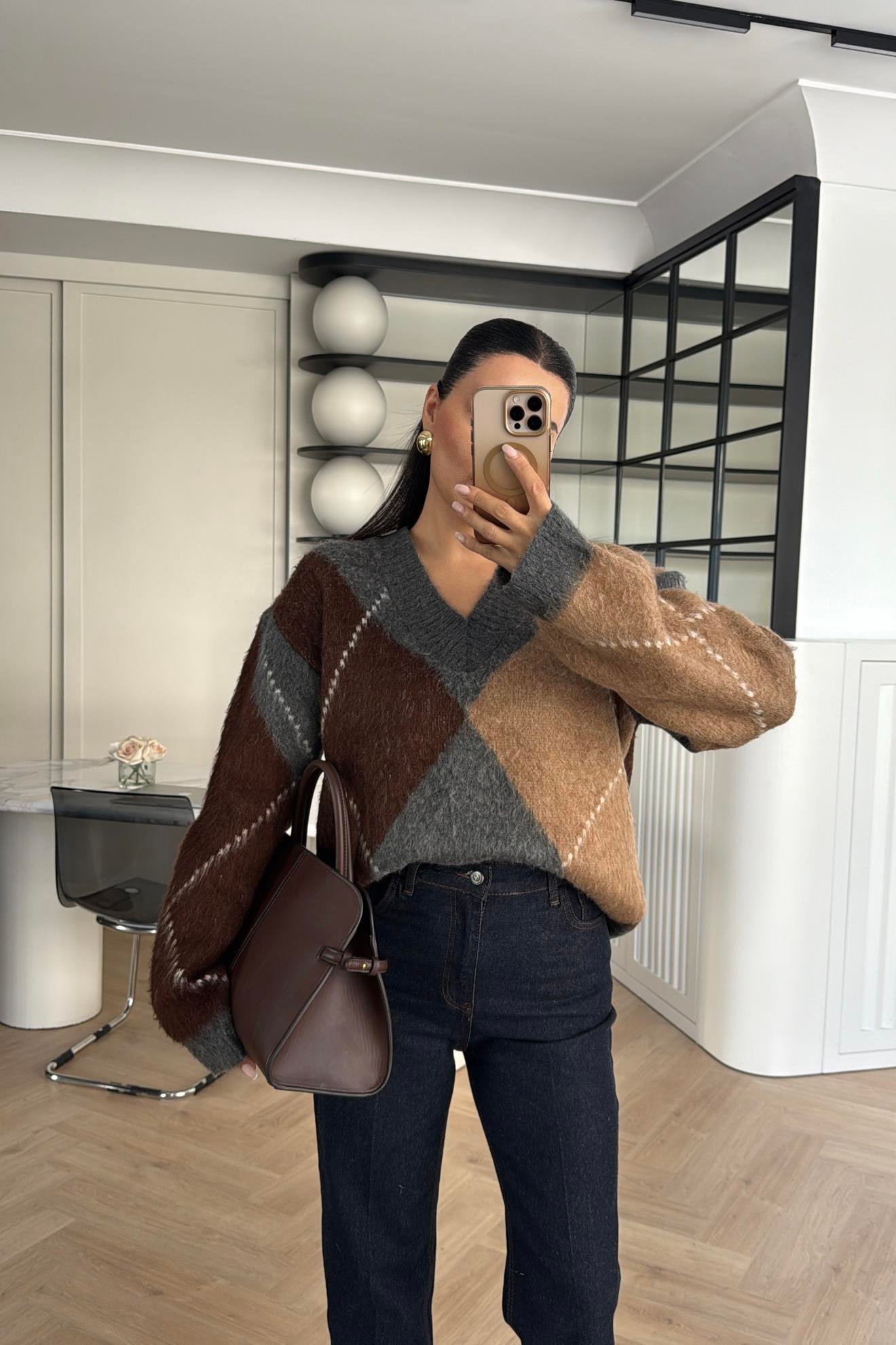 ŞARDONLU DOKULU BAKLAVA DESENLİ KAZAK