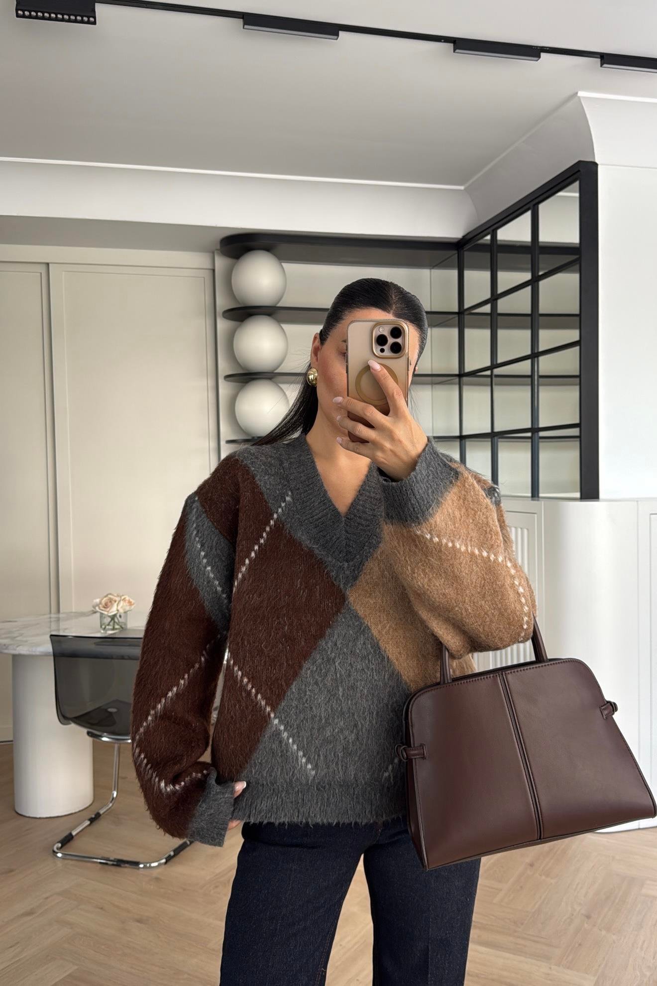 ŞARDONLU DOKULU BAKLAVA DESENLİ KAZAK