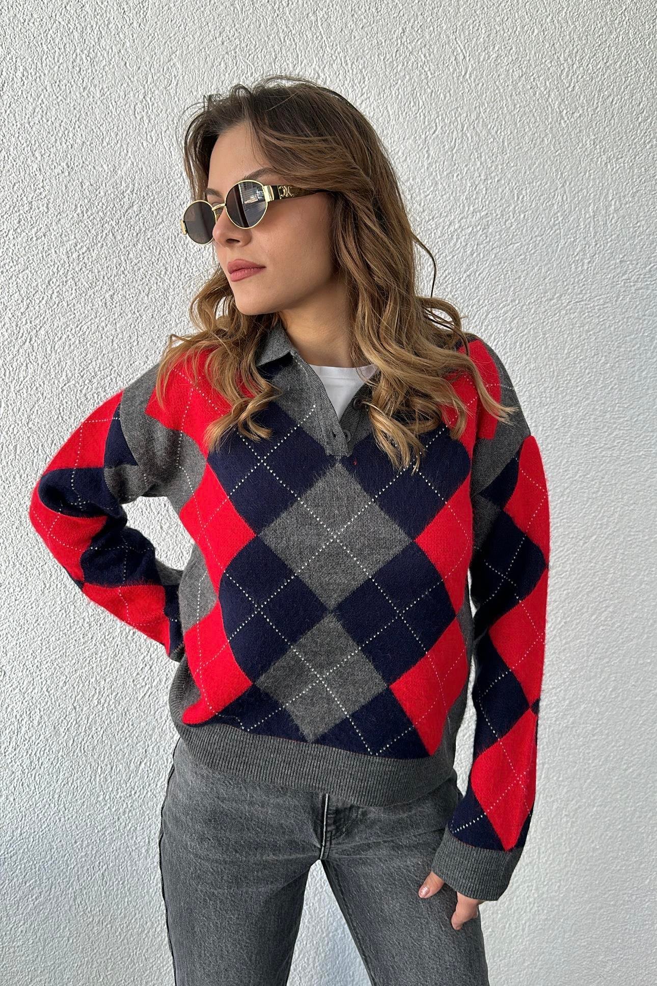 Şardonlu Polo Yaka Kırmızı Baklava Desen Kazak