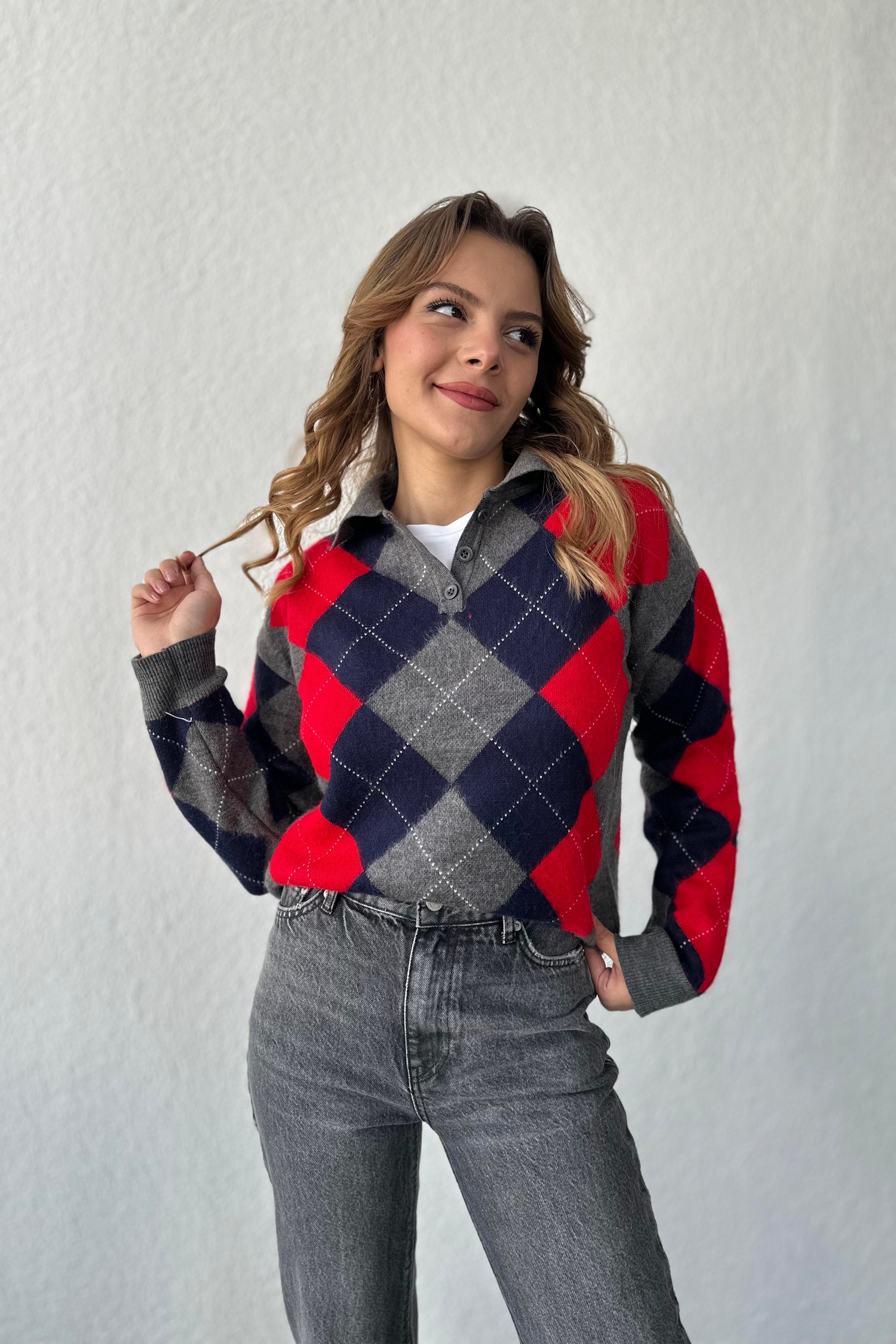 Şardonlu Polo Yaka Kırmızı Baklava Desen Kazak