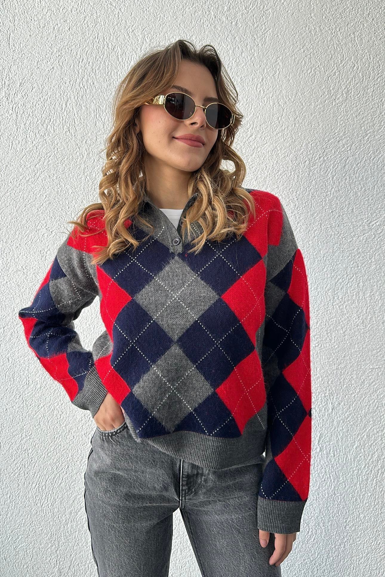 Şardonlu Polo Yaka Kırmızı Baklava Desen Kazak