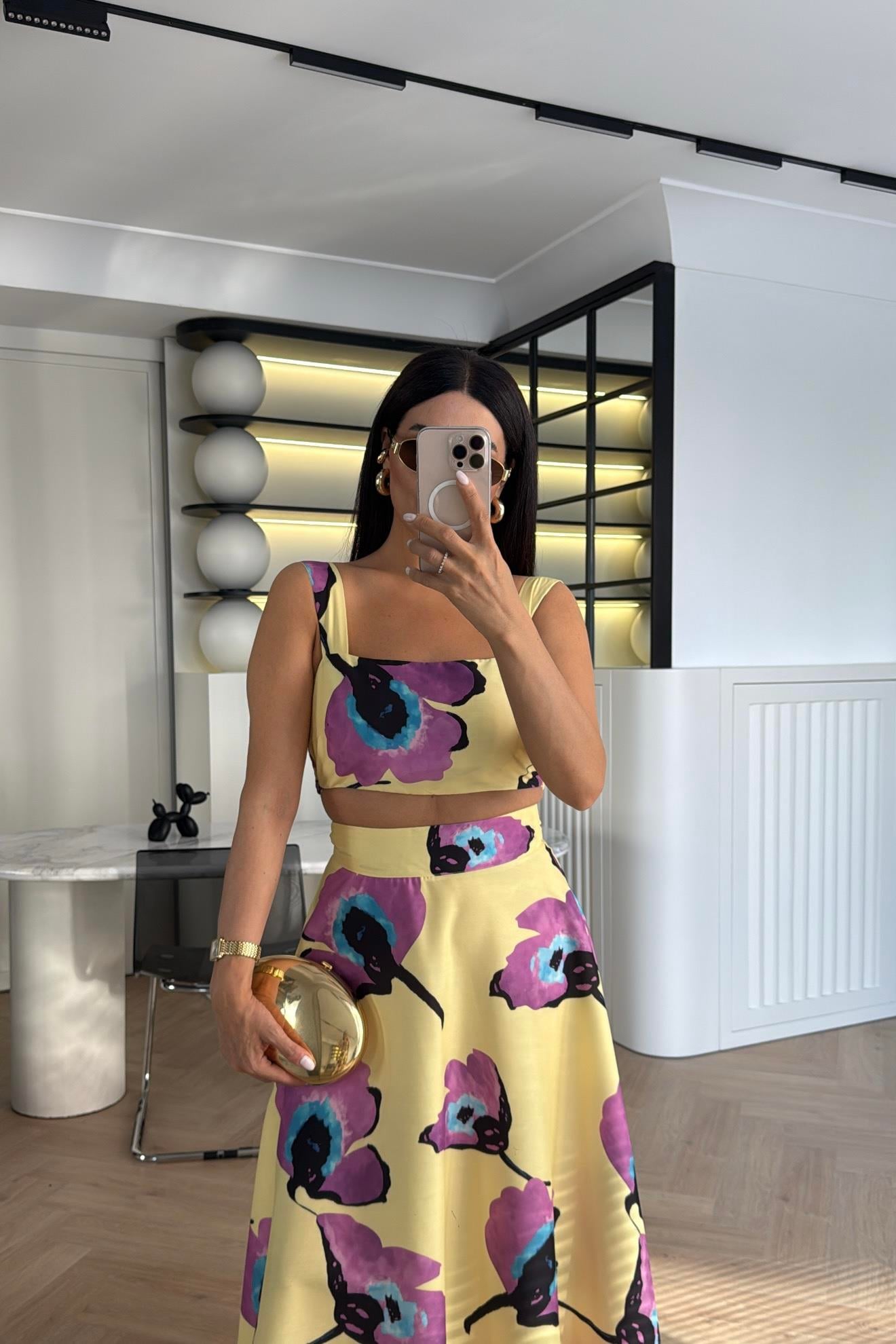 SARI DESENLİ CROP BLUZ ETEK TAKIM