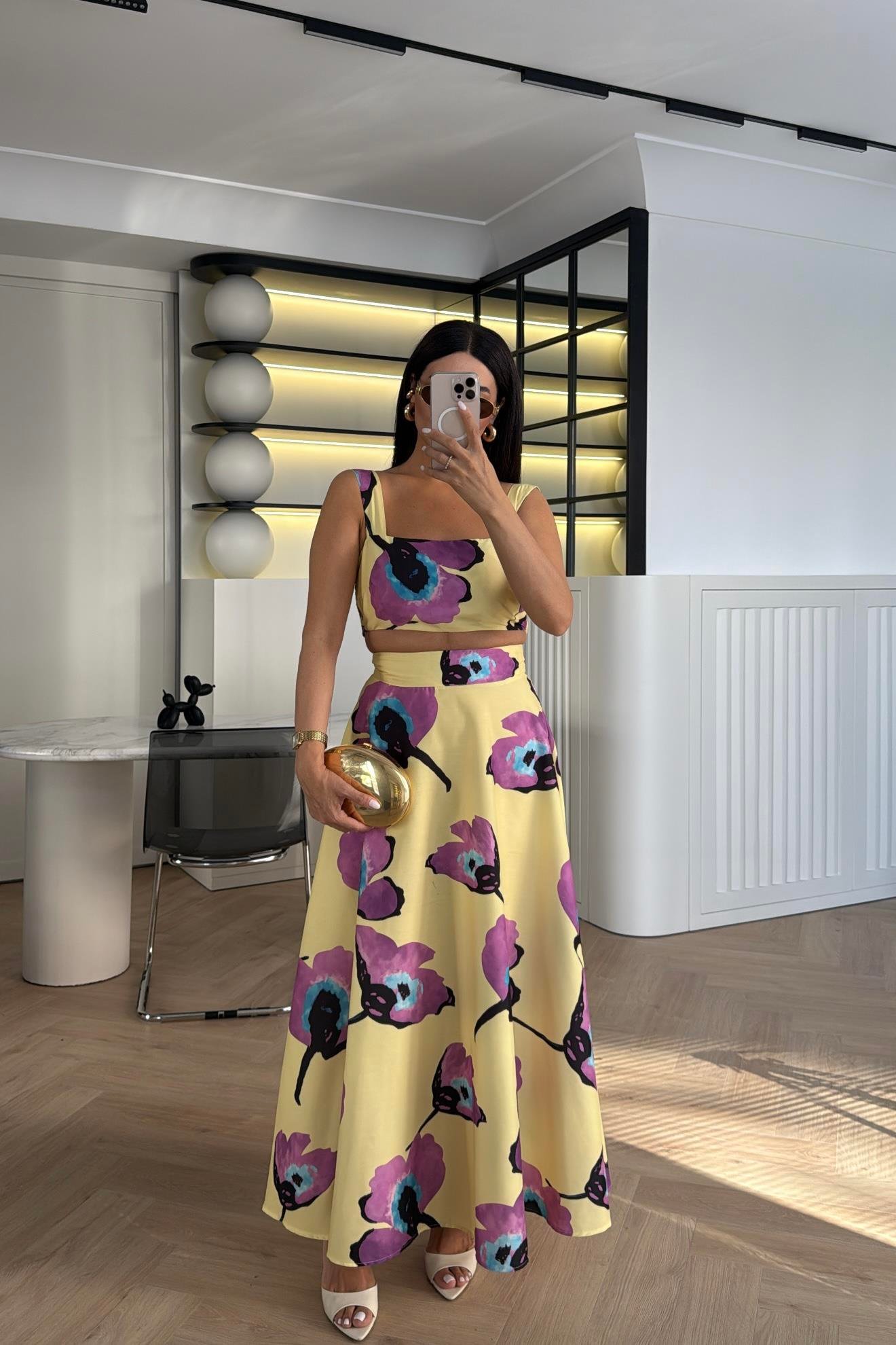 SARI DESENLİ CROP BLUZ ETEK TAKIM