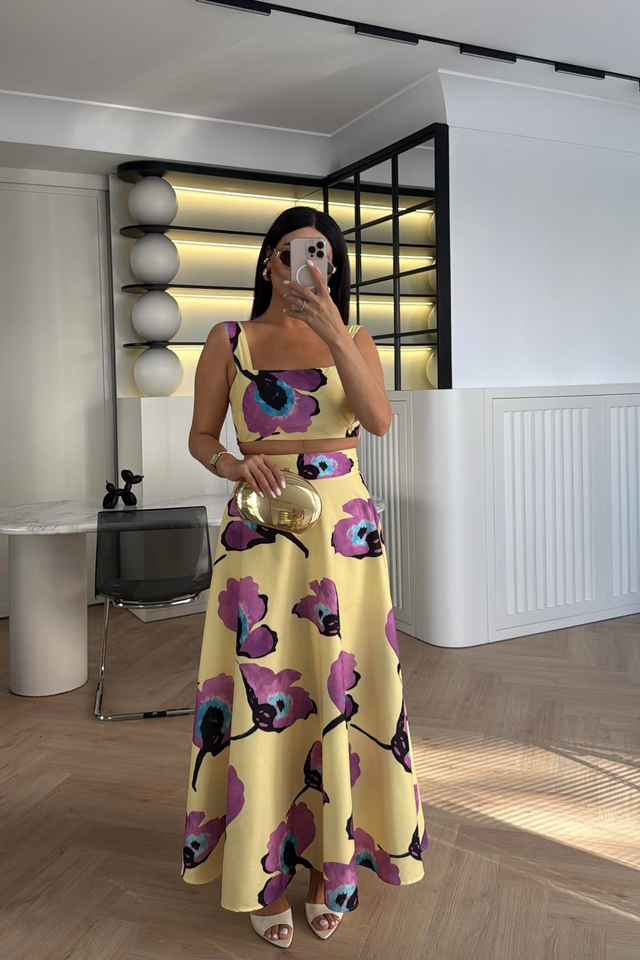 SARI DESENLİ CROP BLUZ ETEK TAKIM