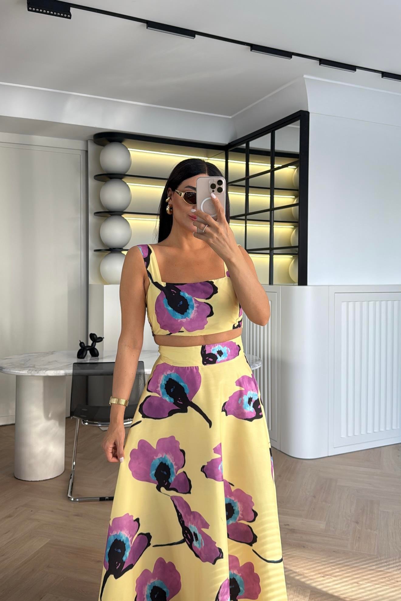 SARI DESENLİ CROP BLUZ ETEK TAKIM