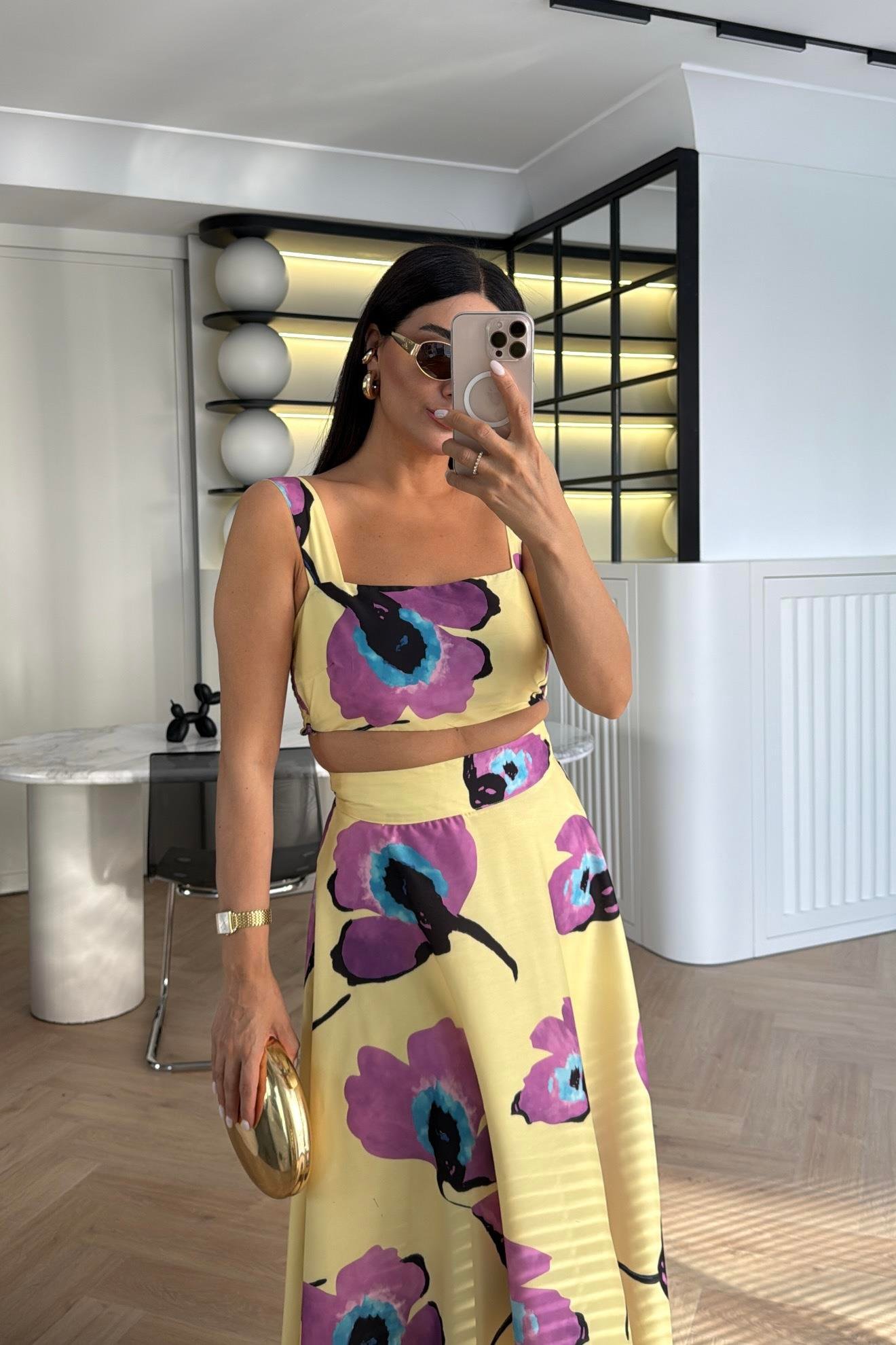SARI DESENLİ CROP BLUZ ETEK TAKIM