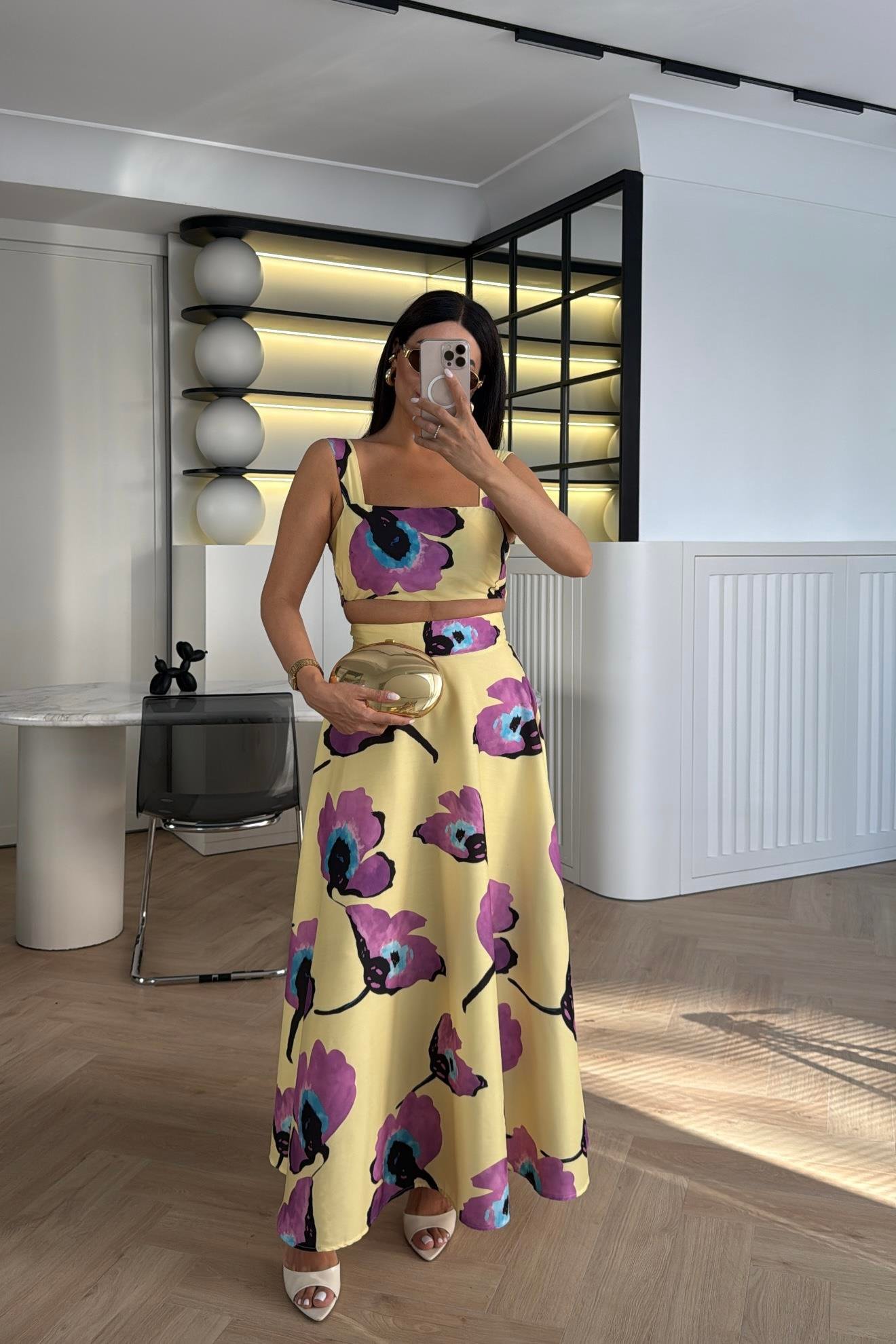 SARI DESENLİ CROP BLUZ ETEK TAKIM
