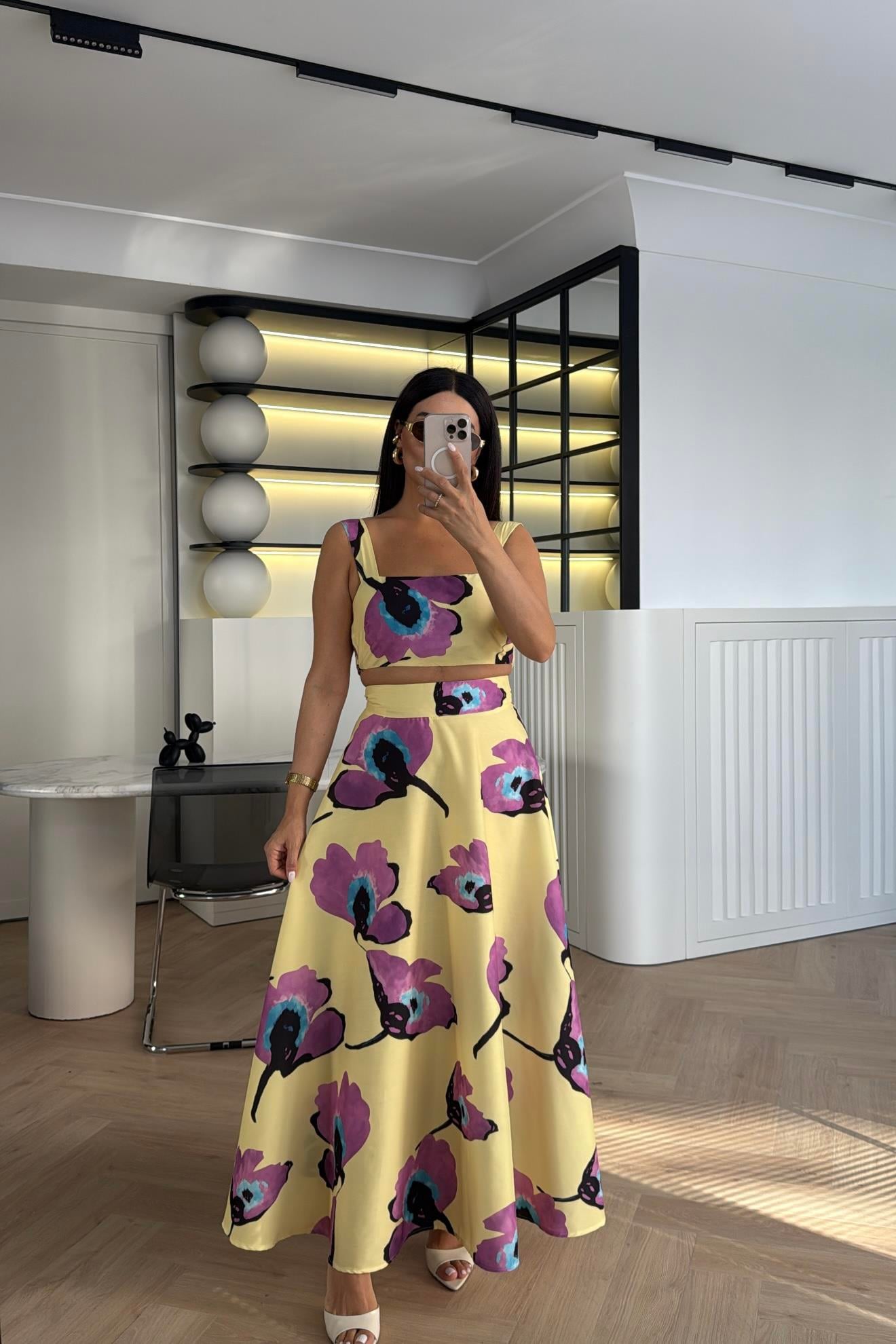 SARI DESENLİ CROP BLUZ ETEK TAKIM