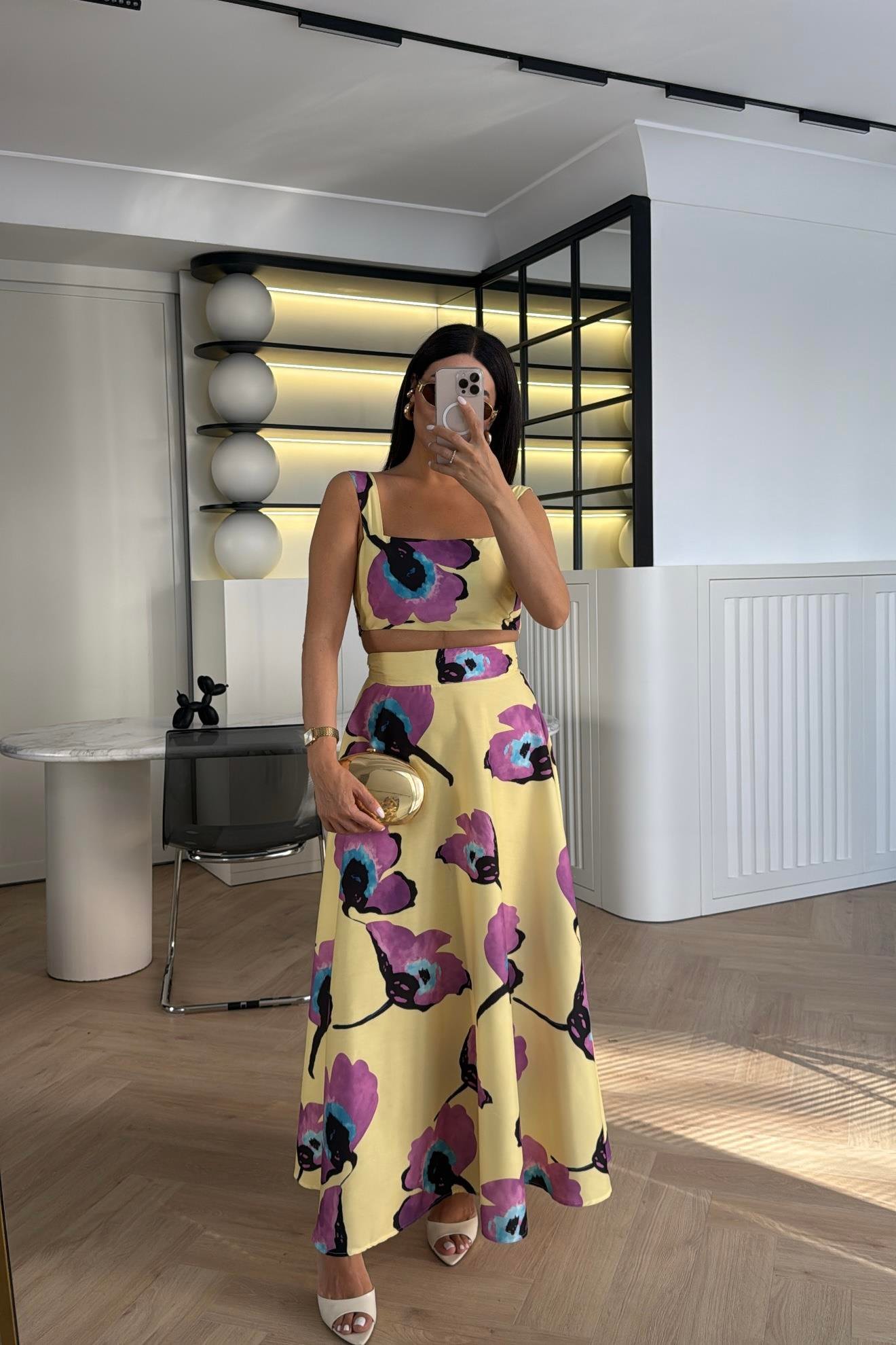 SARI DESENLİ CROP BLUZ ETEK TAKIM