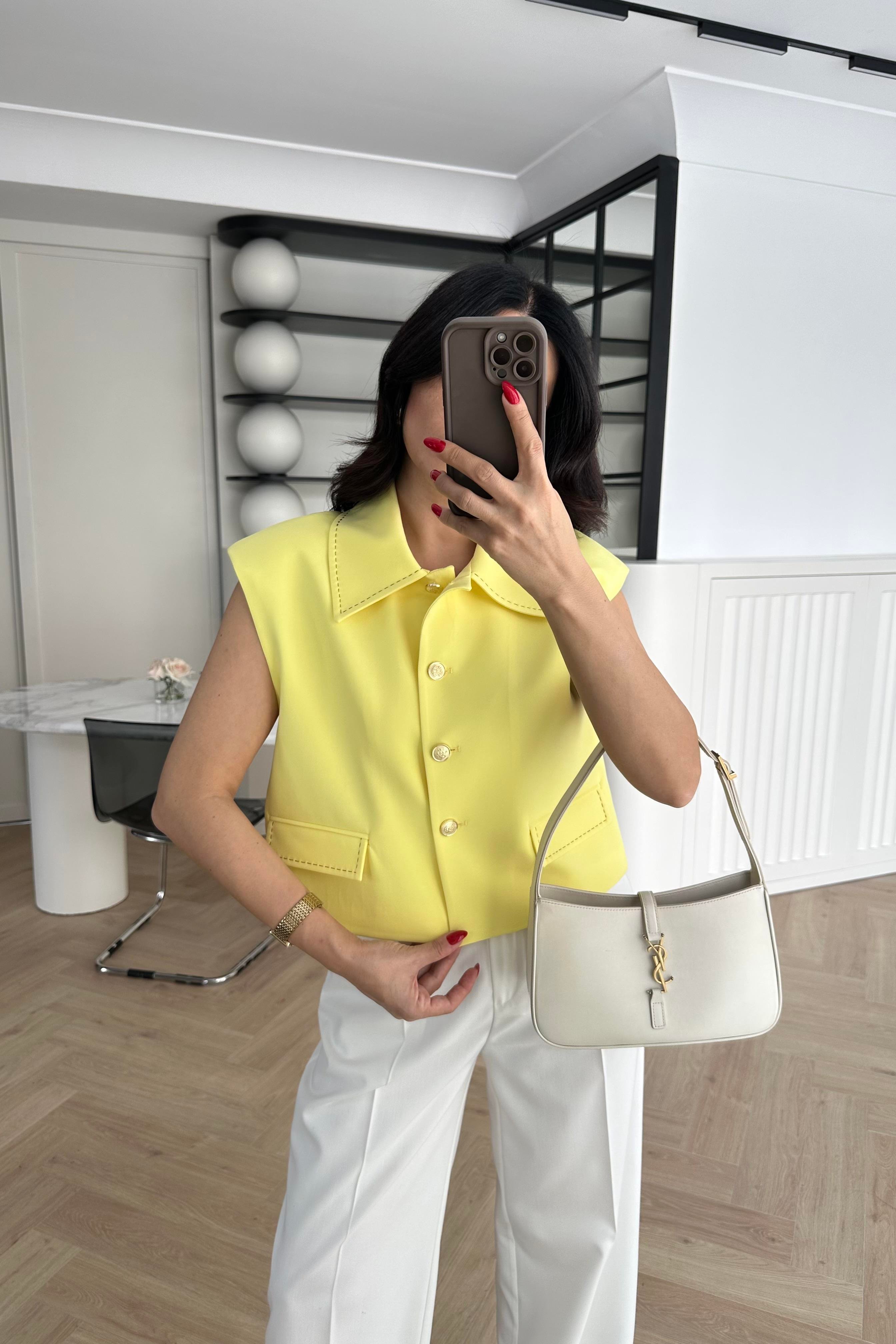 Sarı Gold Düğmeli Astarlı Crop Yelek