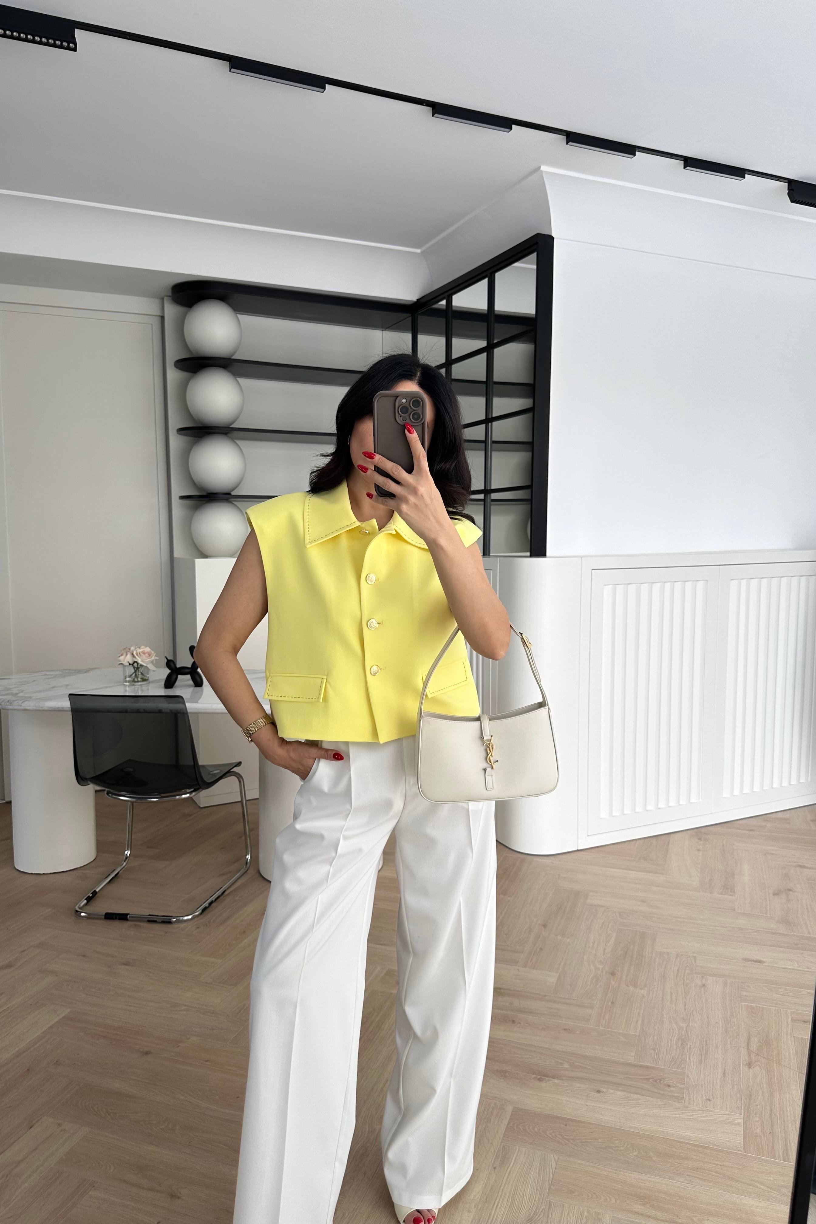 Sarı Gold Düğmeli Astarlı Crop Yelek