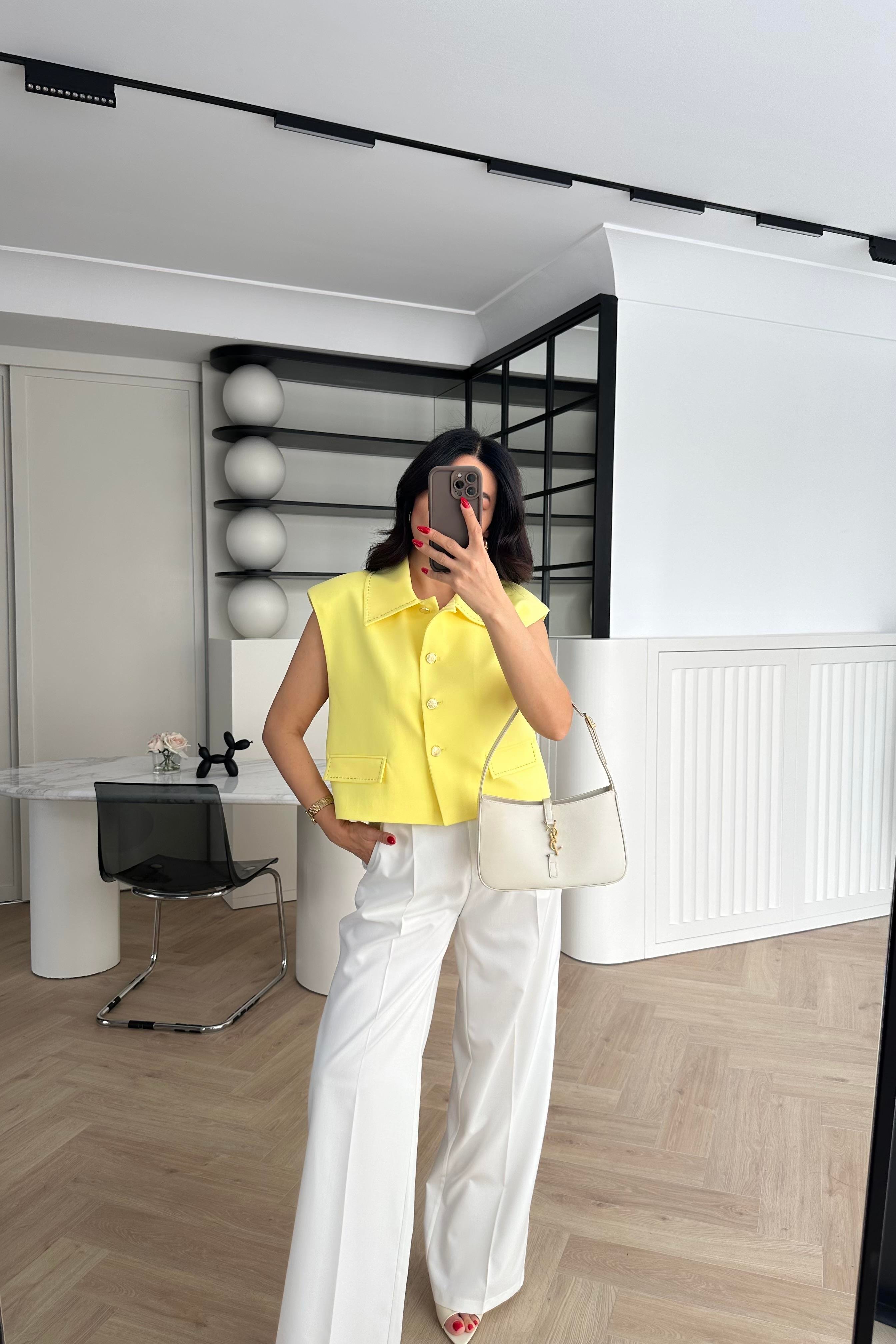 Sarı Gold Düğmeli Astarlı Crop Yelek