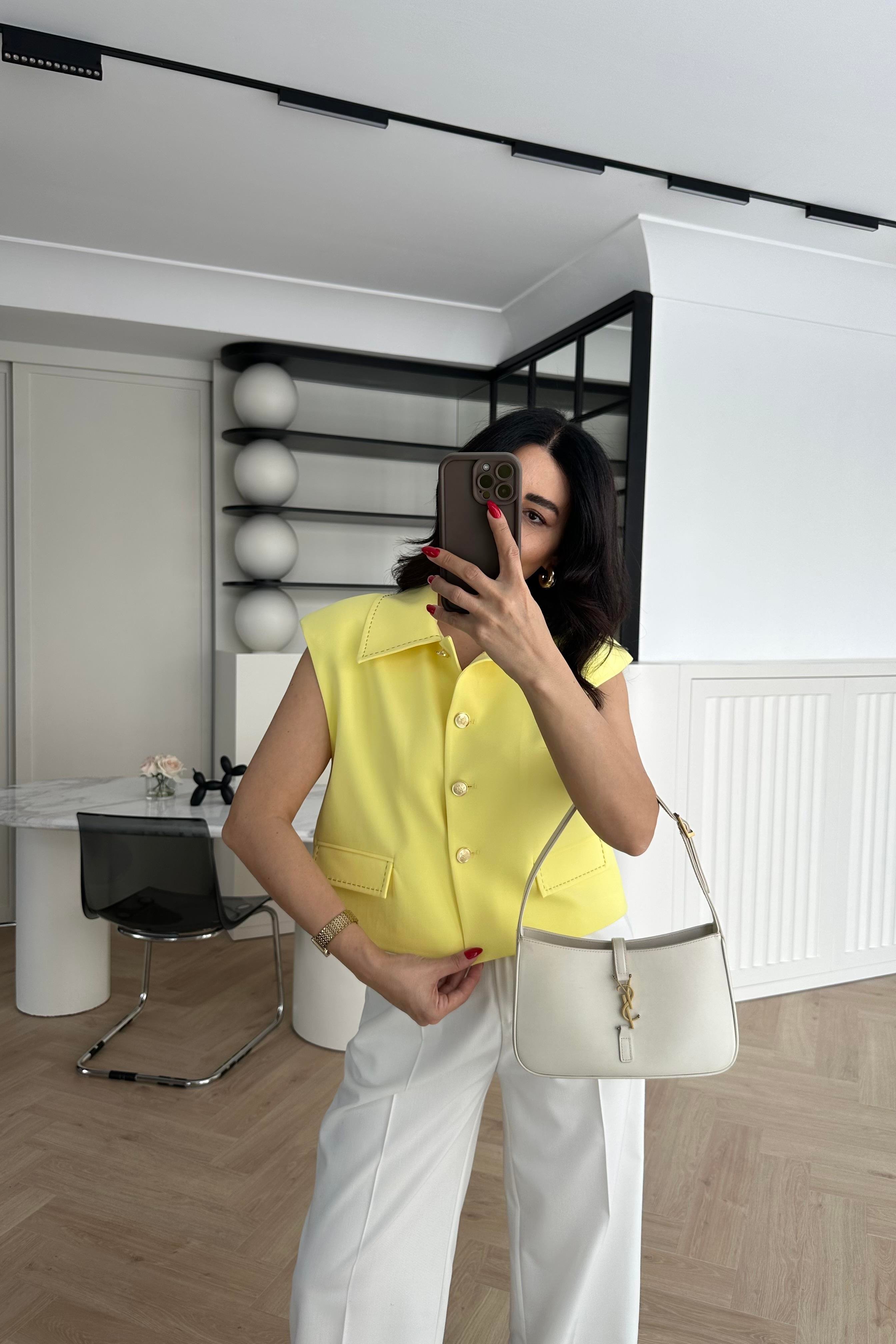 Sarı Gold Düğmeli Astarlı Crop Yelek