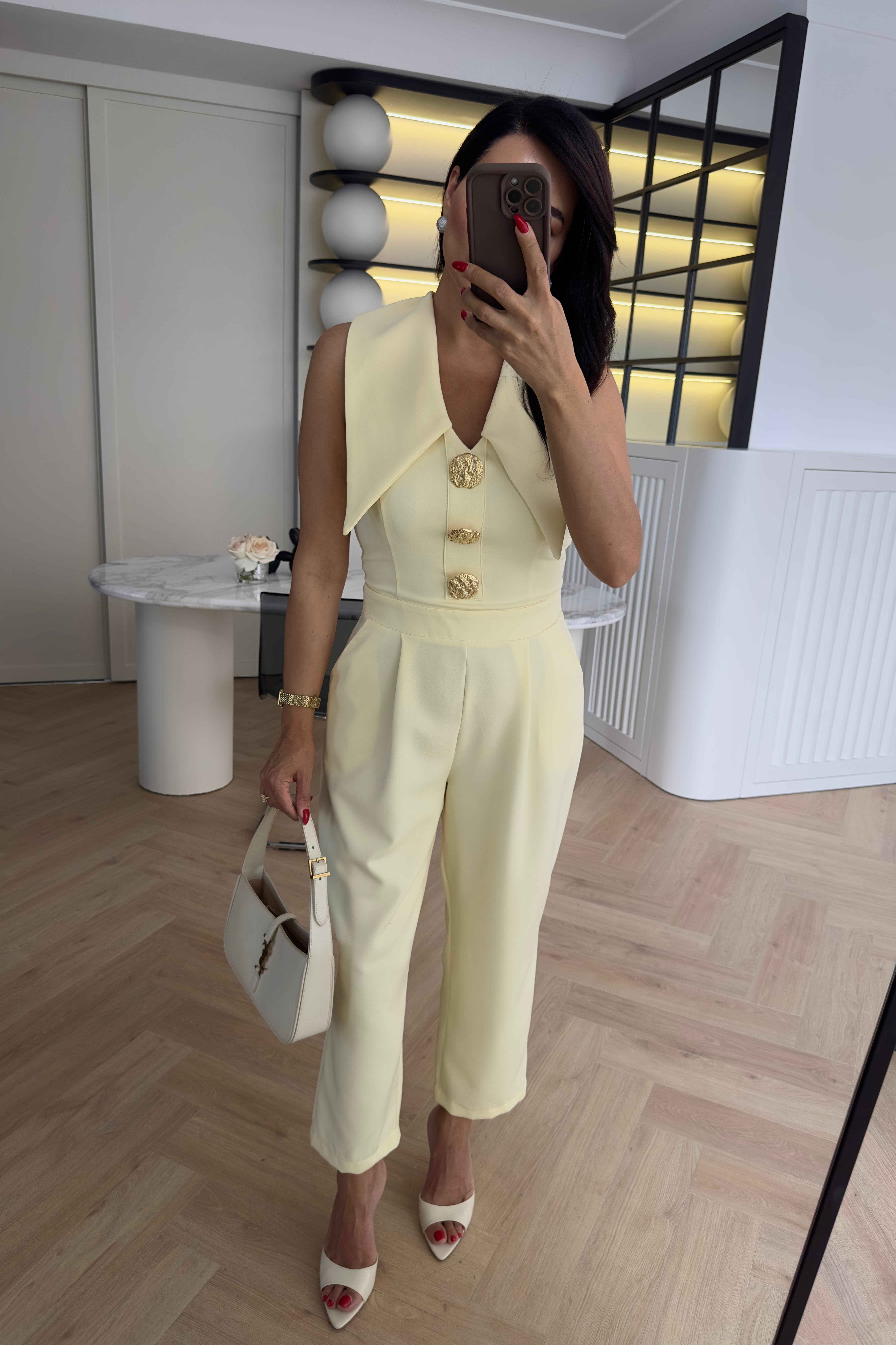 Sarı Renk Gold Düğmeli Tasarım Tulum