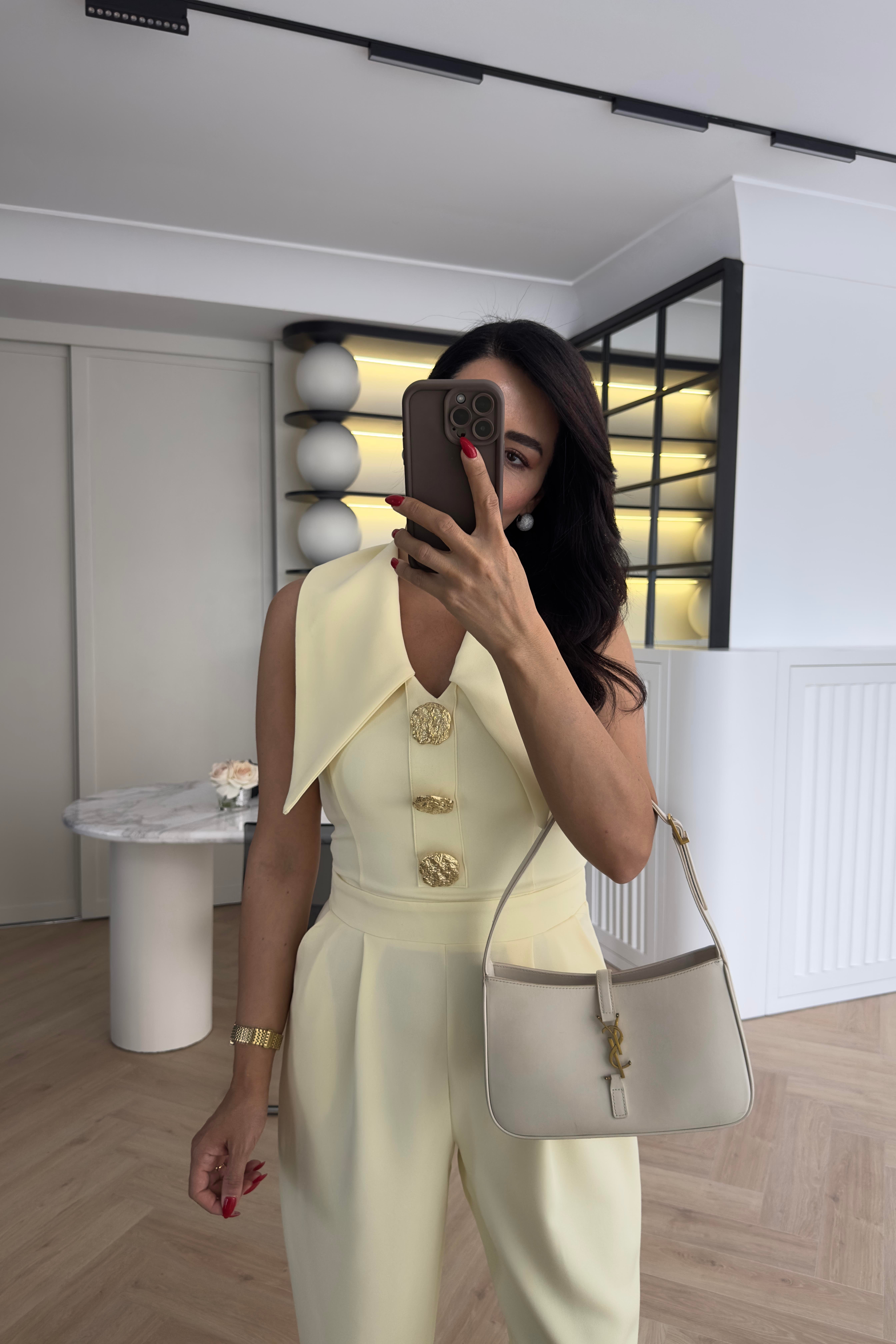 Sarı Renk Gold Düğmeli Tasarım Tulum