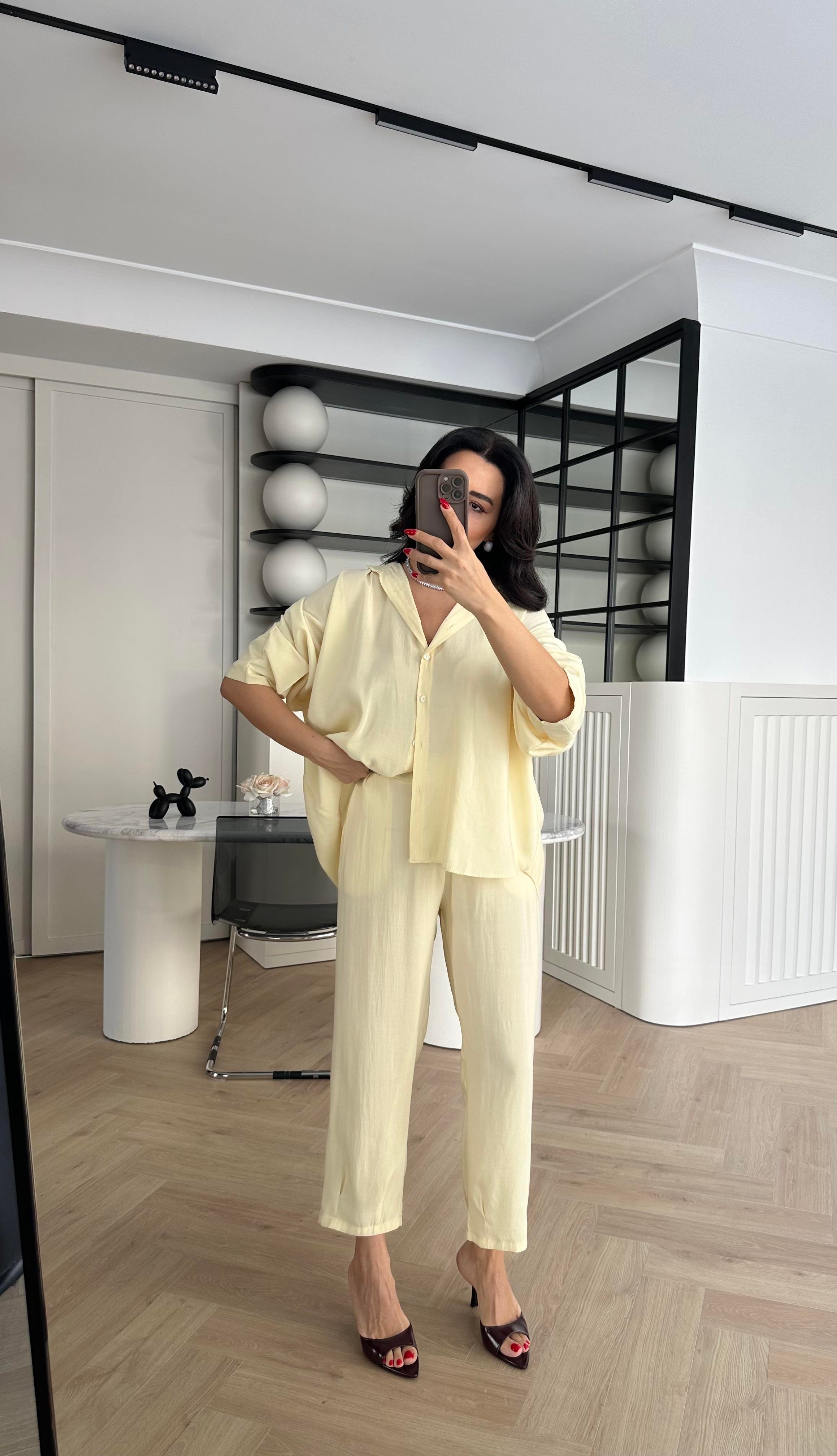 Sarı Tensel Kumaş Massi Gömlek Pantolon Takım