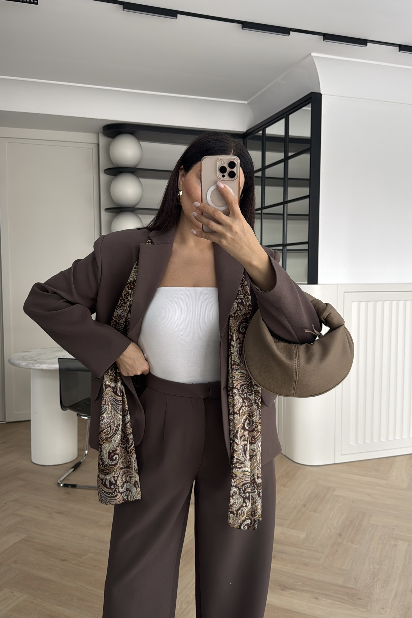 SATEN FULARLI CEKET PANTOLON TAKIM KAHVE