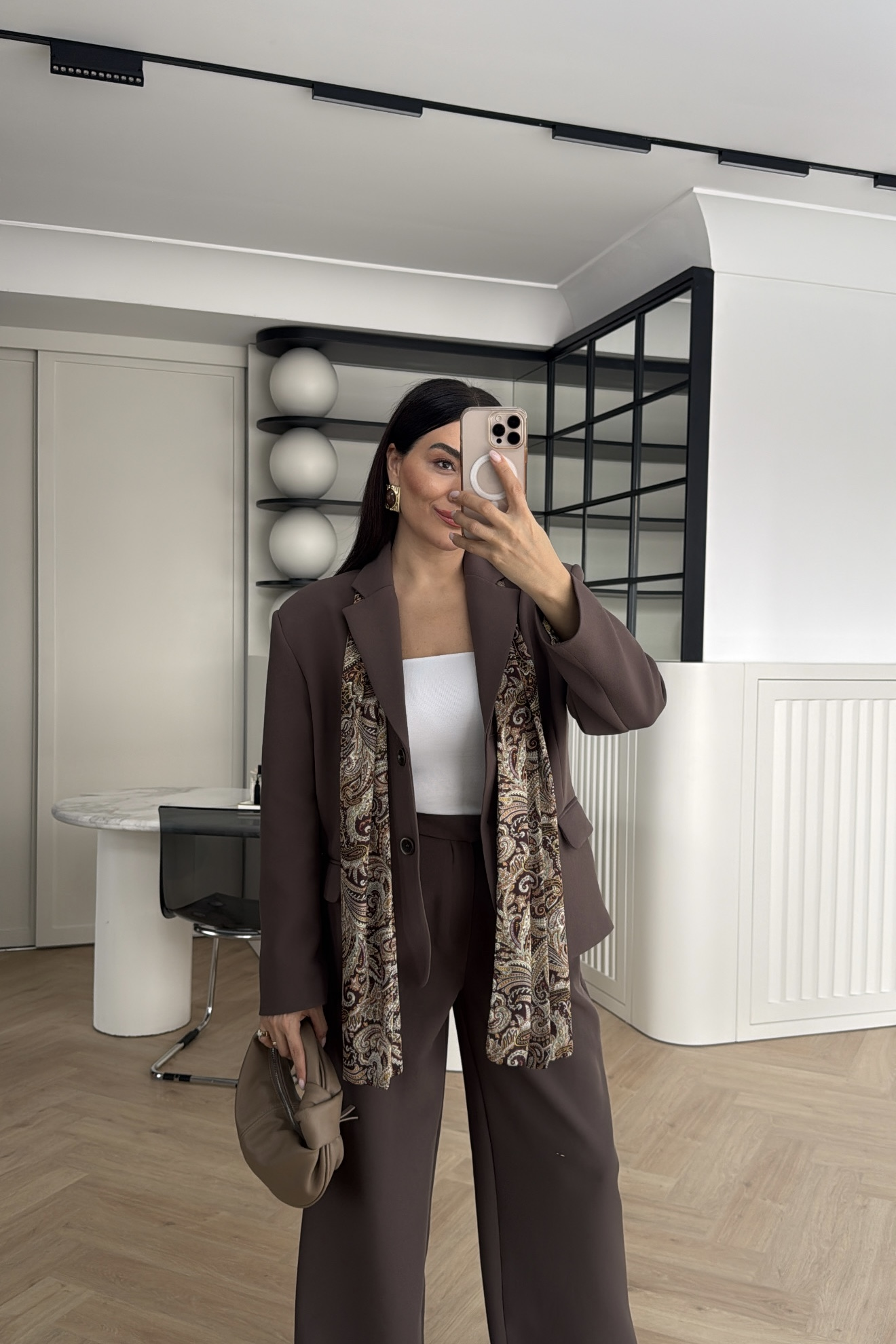 SATEN FULARLI CEKET PANTOLON TAKIM KAHVE