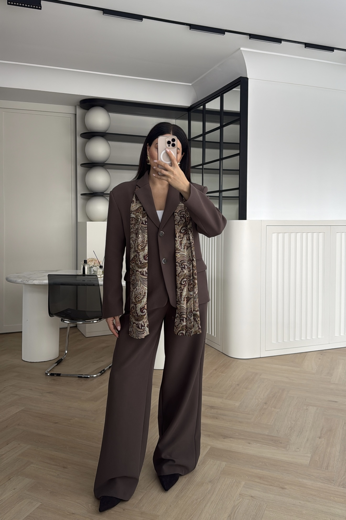 SATEN FULARLI CEKET PANTOLON TAKIM KAHVE