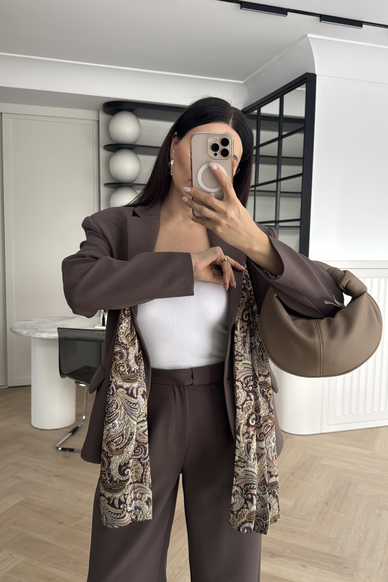 SATEN FULARLI CEKET PANTOLON TAKIM KAHVE