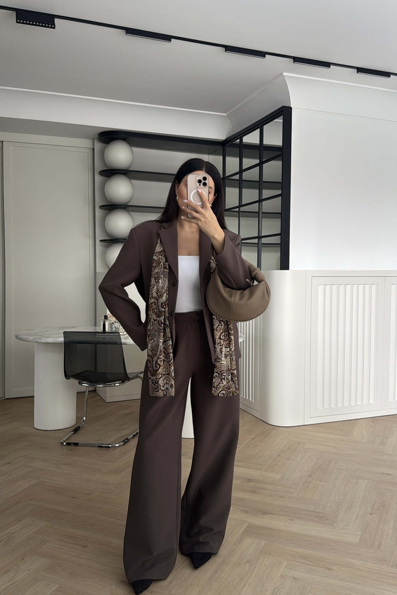 SATEN FULARLI CEKET PANTOLON TAKIM KAHVE