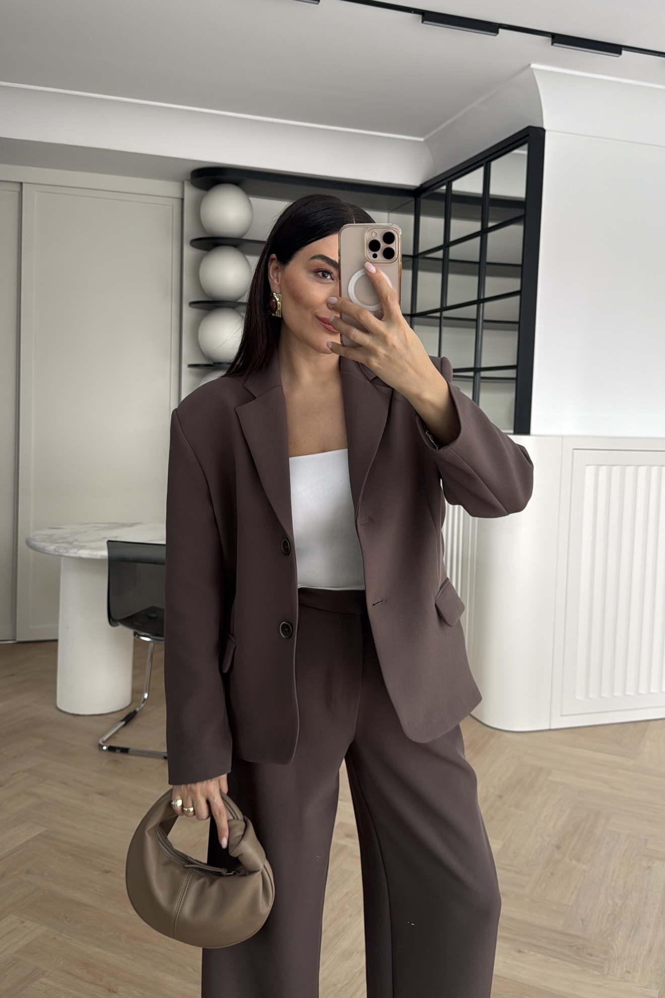 SATEN FULARLI CEKET PANTOLON TAKIM KAHVE