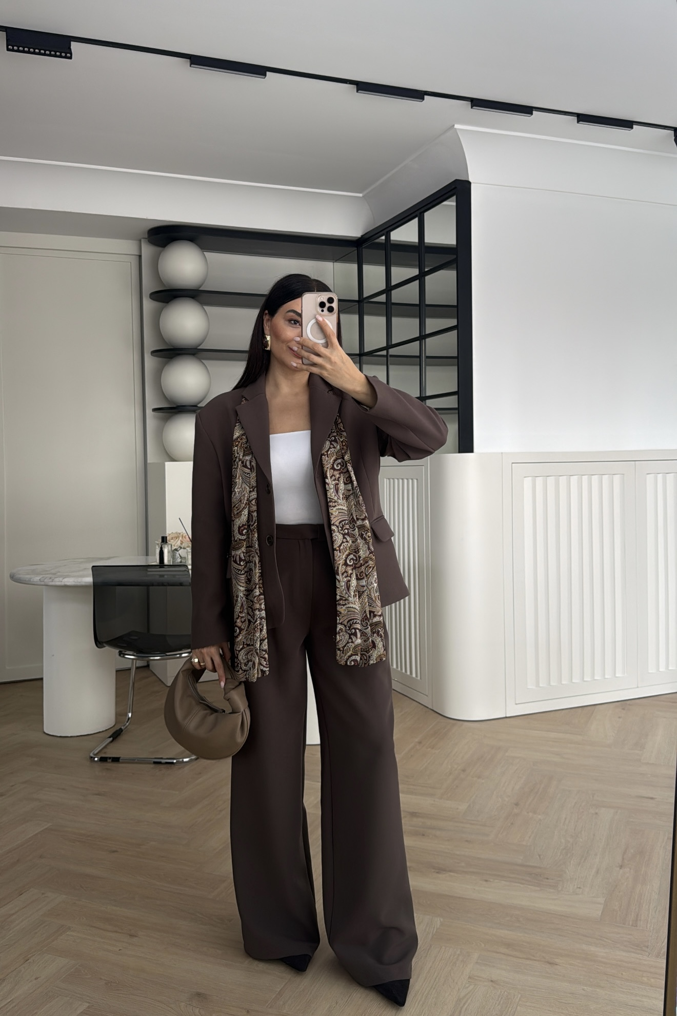 SATEN FULARLI CEKET PANTOLON TAKIM KAHVE