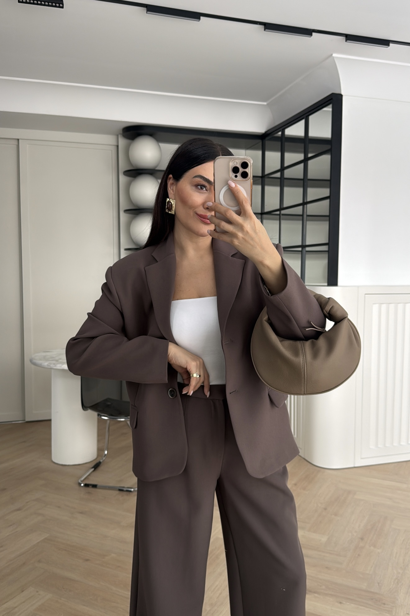 SATEN FULARLI CEKET PANTOLON TAKIM KAHVE