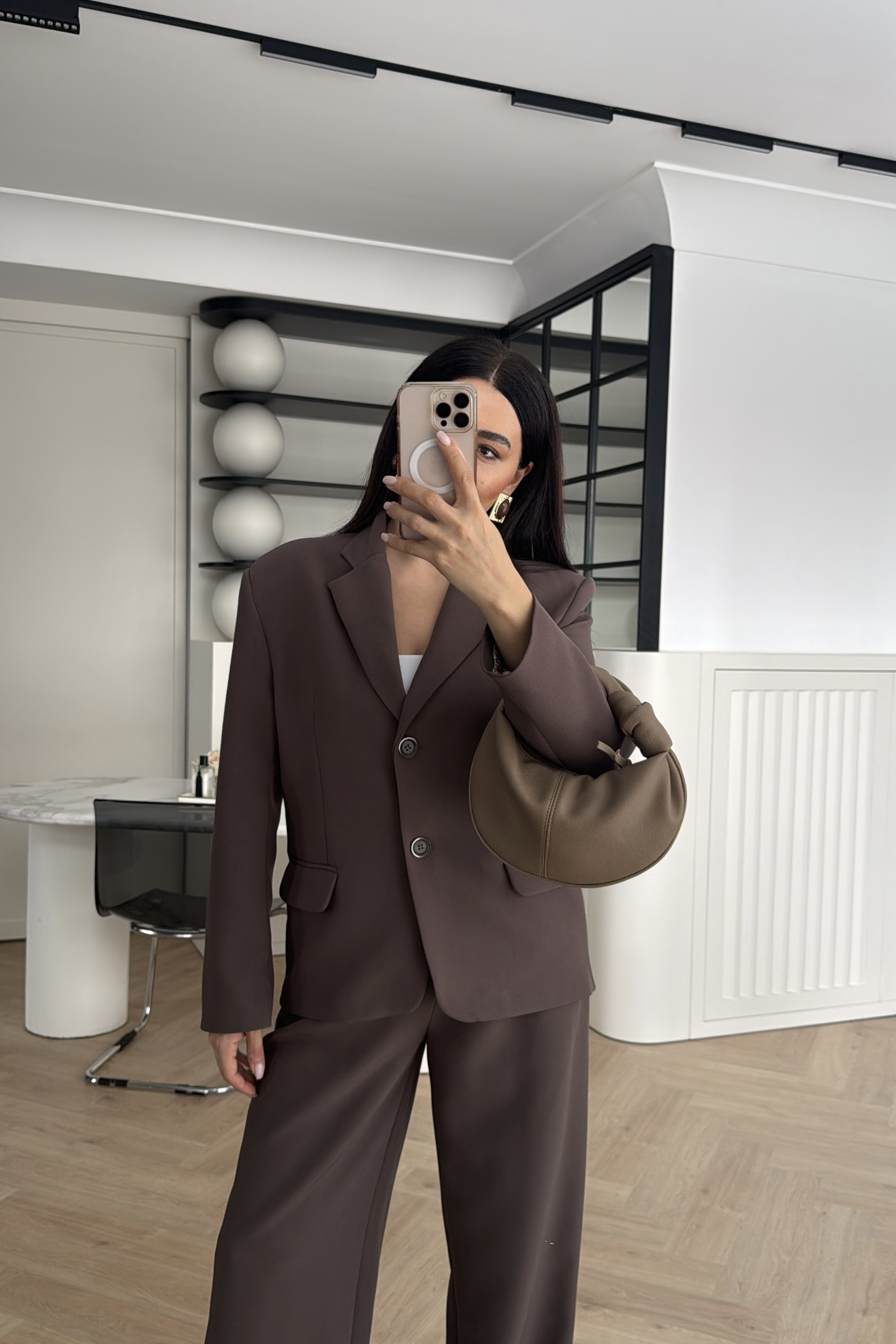 SATEN FULARLI CEKET PANTOLON TAKIM KAHVE