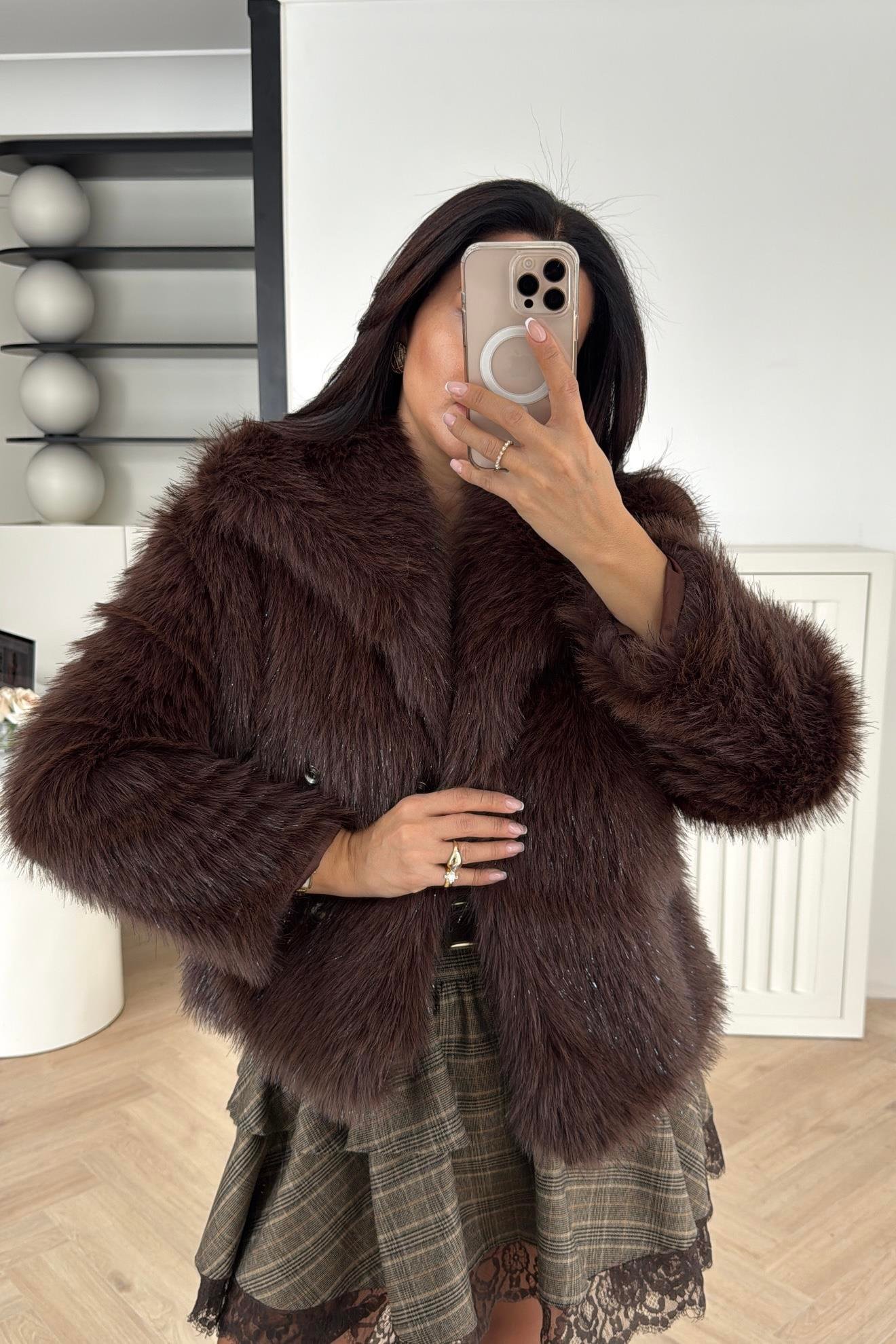 SİM DETALI ŞAL YAKA KÜRK KAHVE