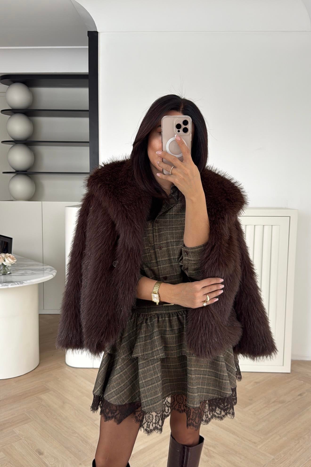 SİM DETALI ŞAL YAKA KÜRK KAHVE