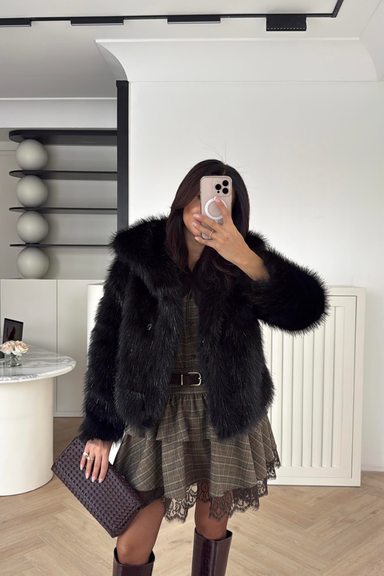 SİM DETAYLI ŞAL YAKA KÜRK SİYAH