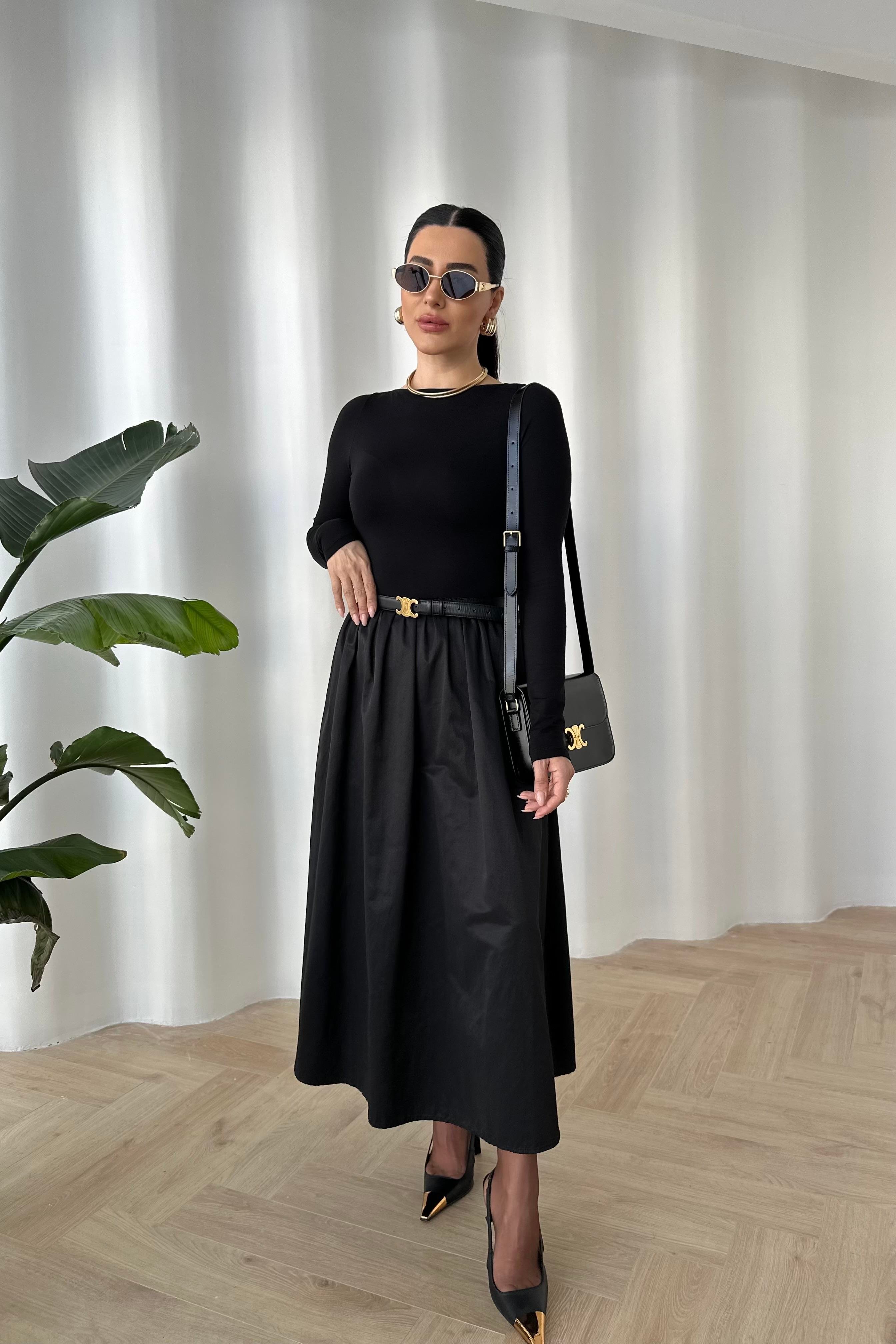Siyah Altı Poplin Maxi Boy Elbise