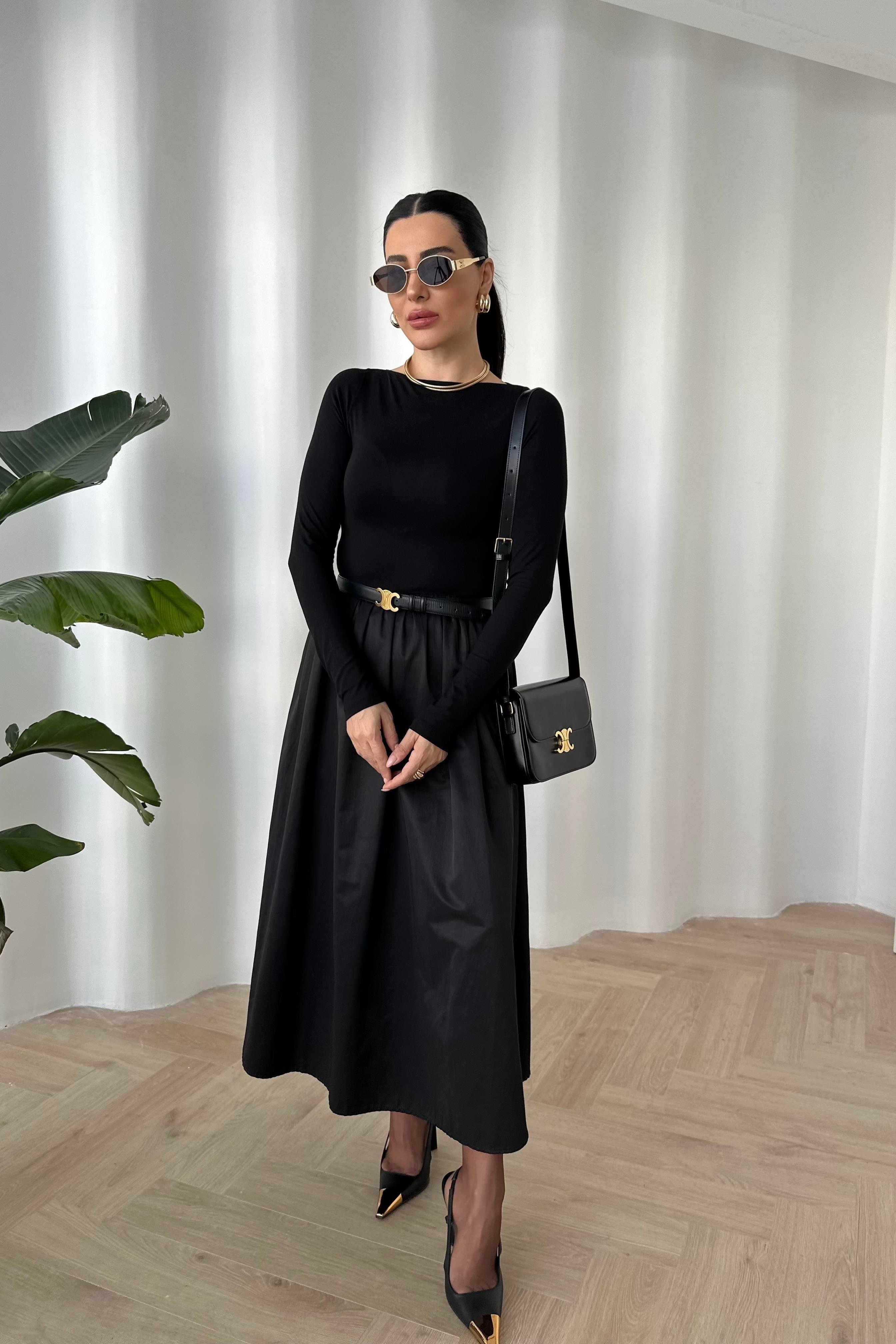 Siyah Altı Poplin Maxi Boy Elbise