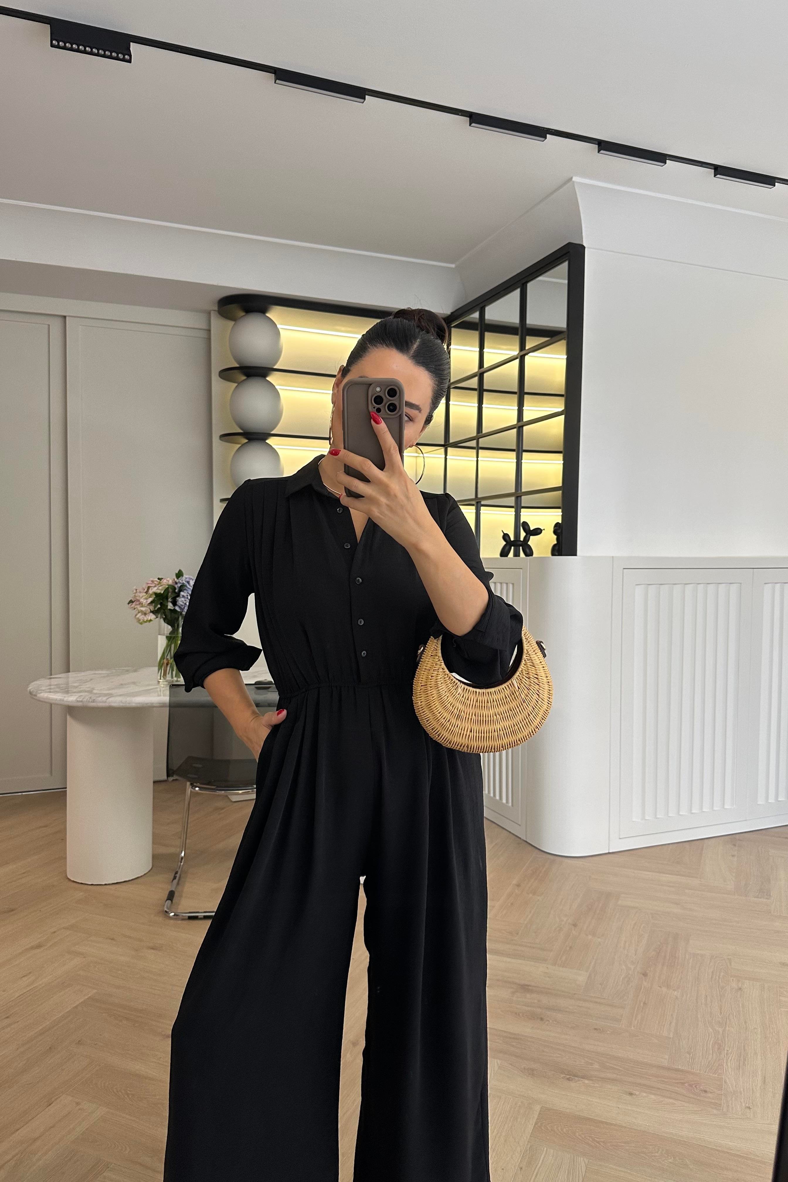 Siyah Beli Lastikli Kuşak Detaylı Krep Kumaş Tulum 