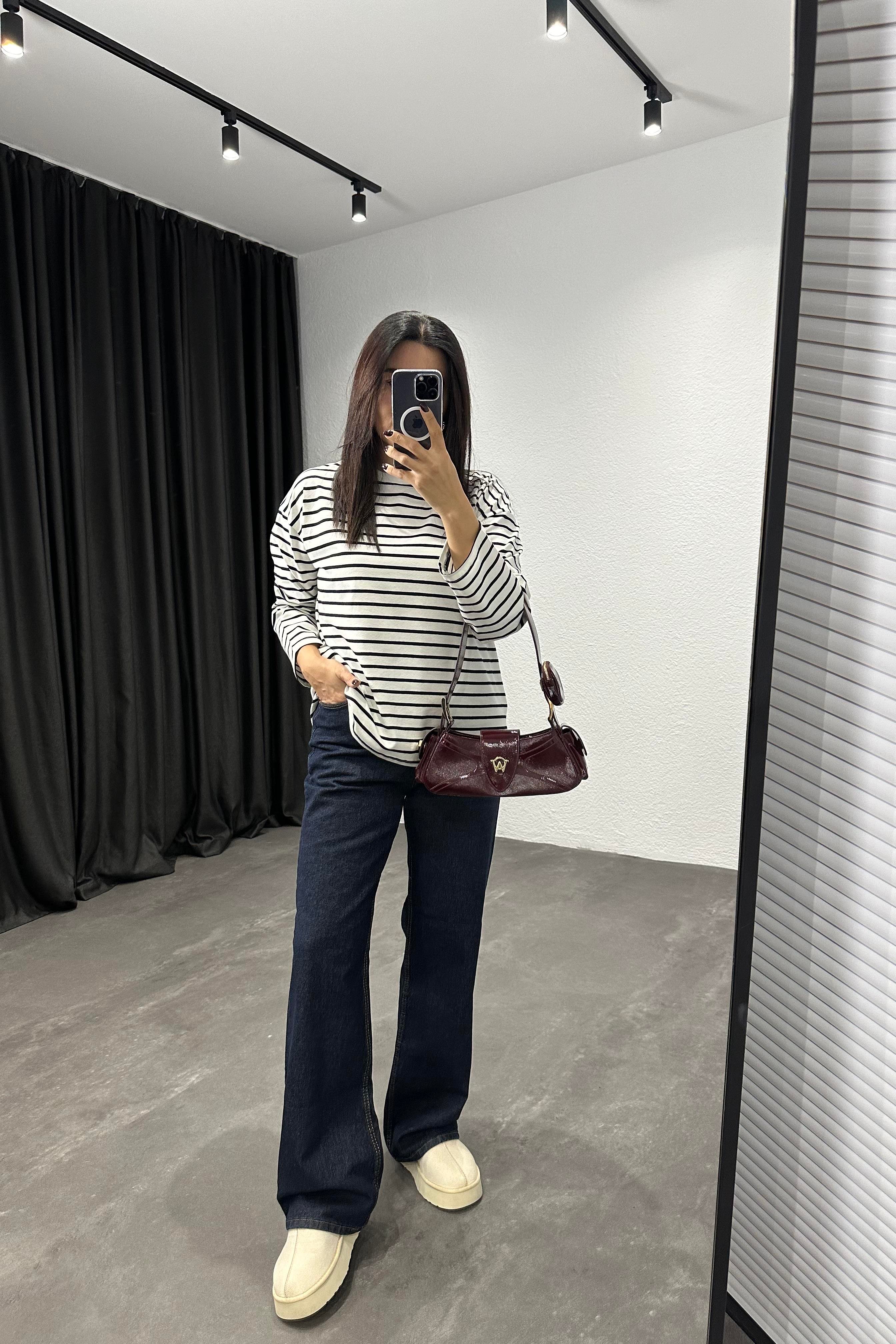 Siyah Çizgili Uzun Kollu Basic Bluz 