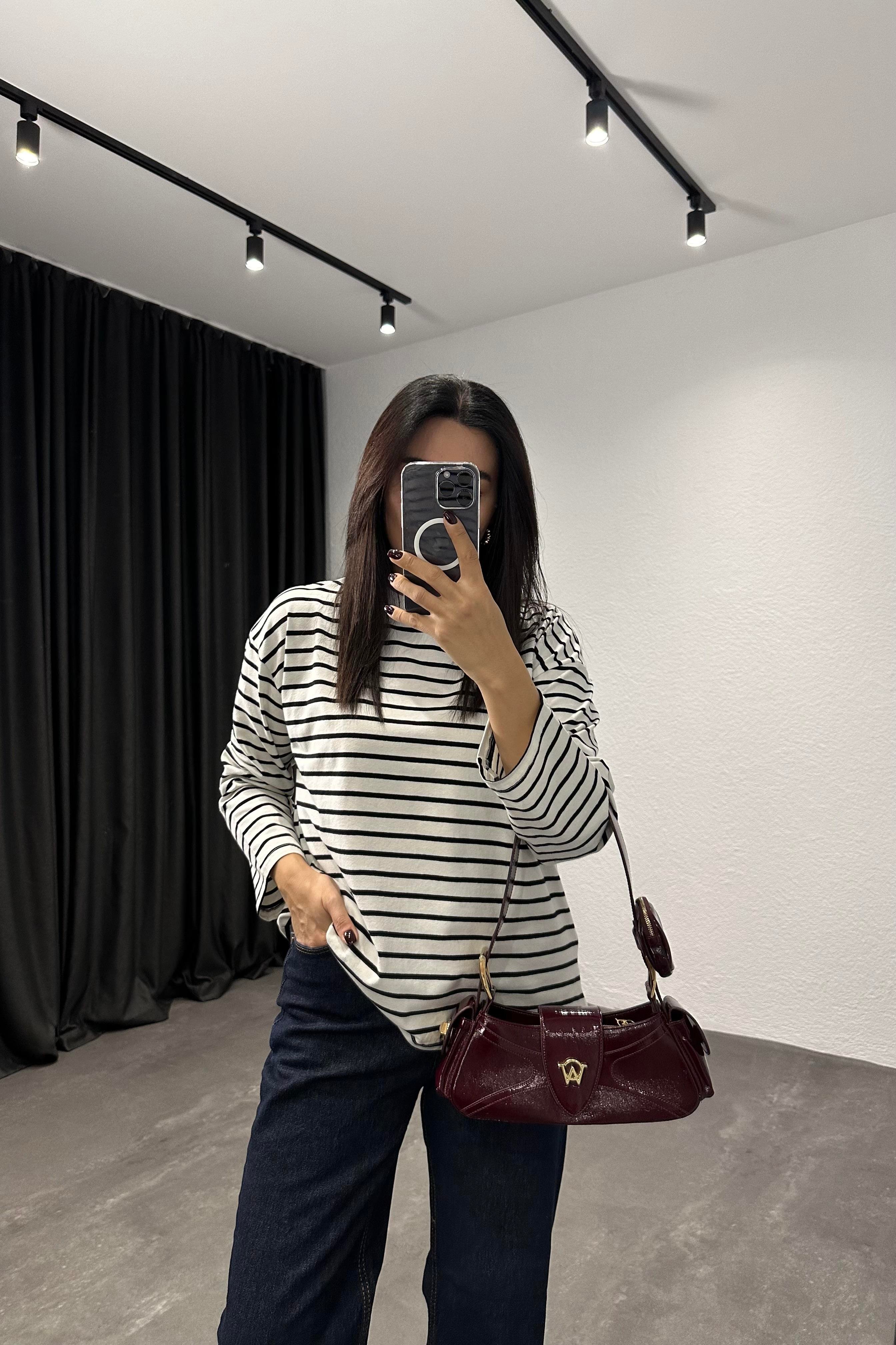 Siyah Çizgili Uzun Kollu Basic Bluz 