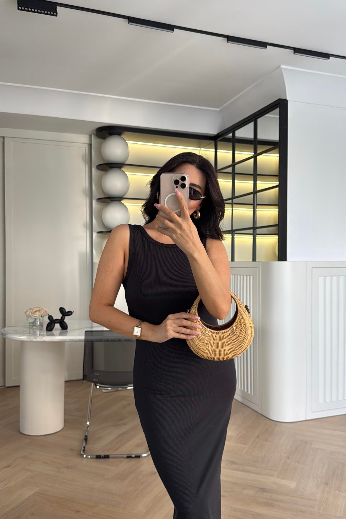 SİYAH FİTİLLİ ÇELİK ÖRME KOLSUZ BASİC ELBİSE